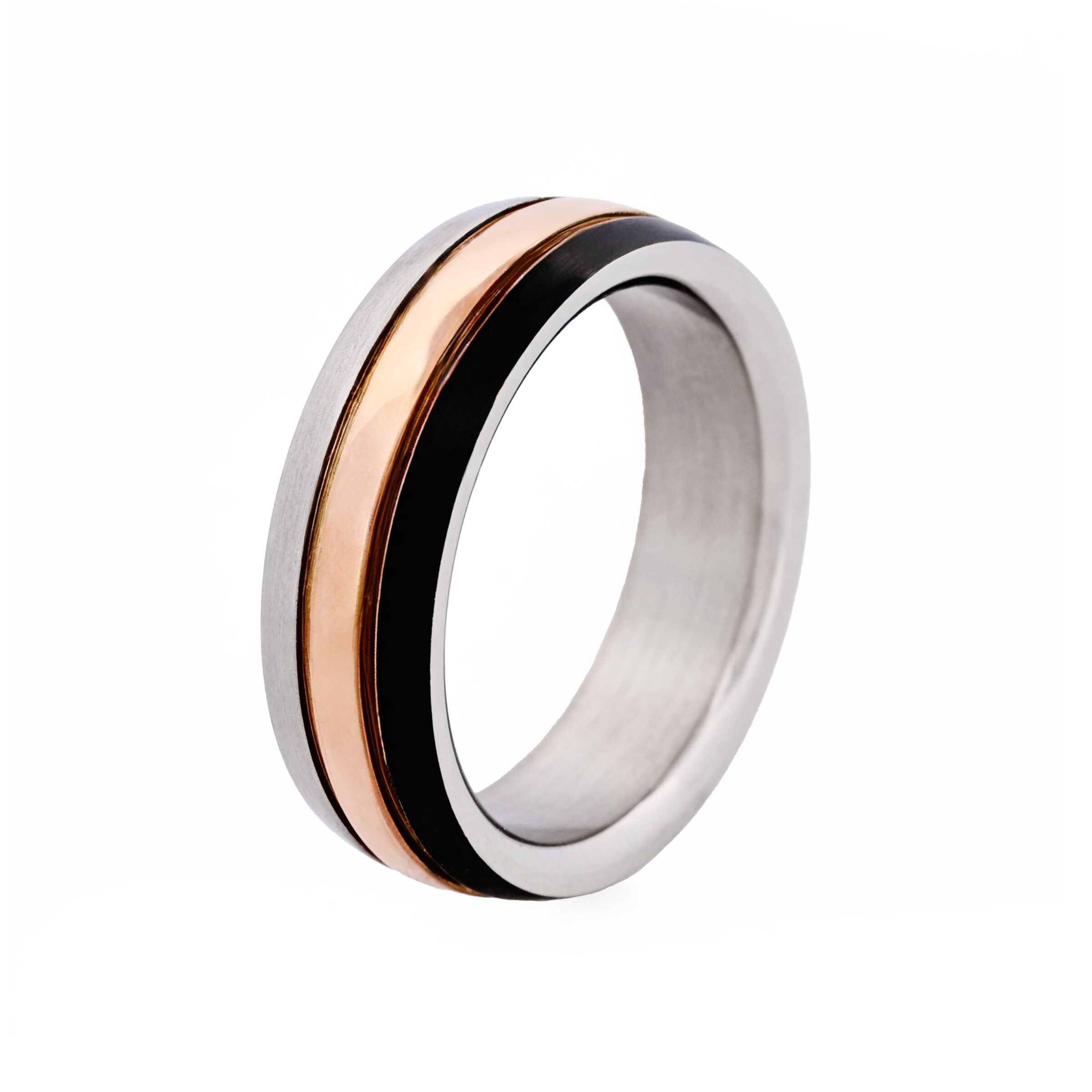 Brushed Stainless Steel, Ion Plated Rose Gold & Gun Metal Ring