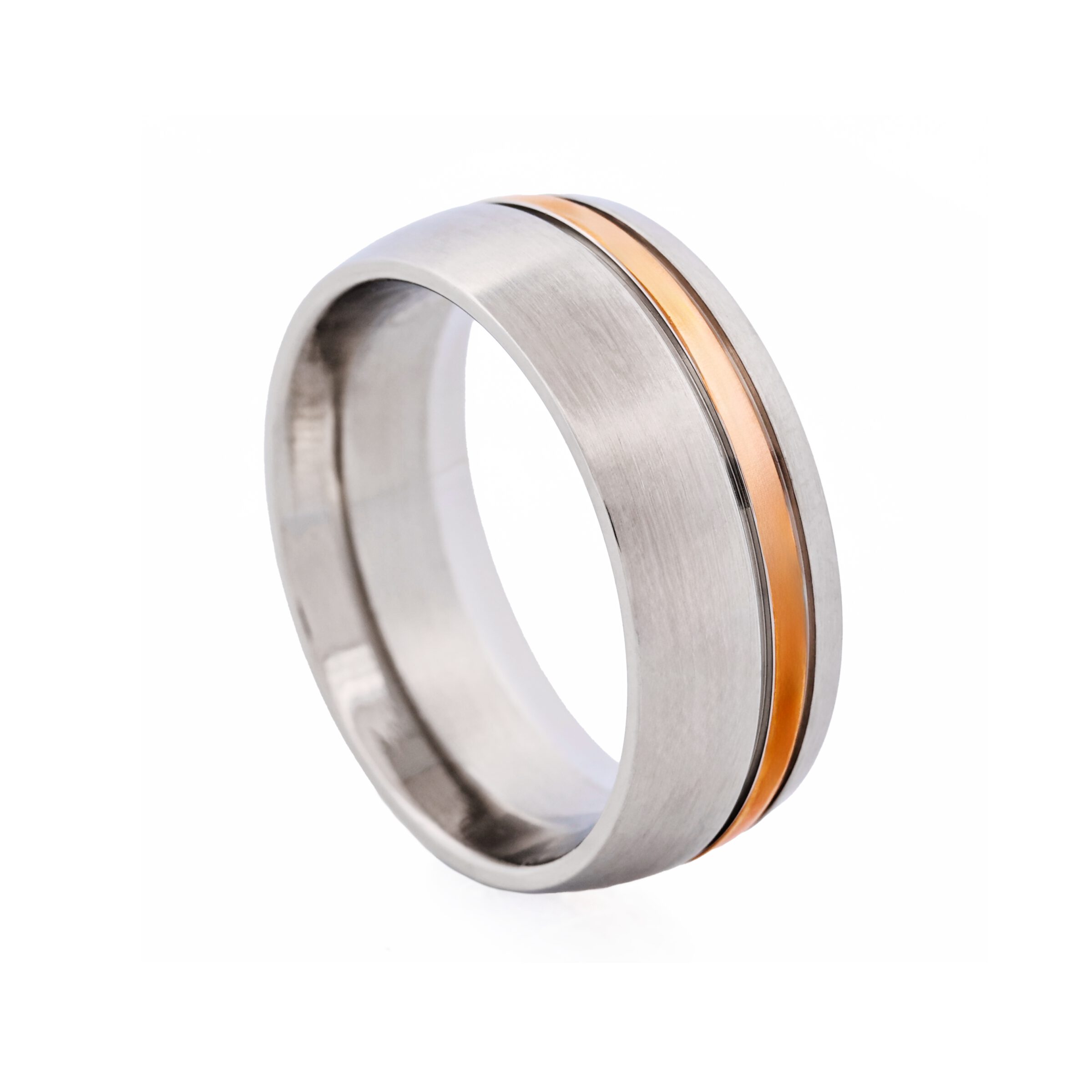 Brushed Stainless Steel Ring with Polished Ion Plated Rose Gold Band