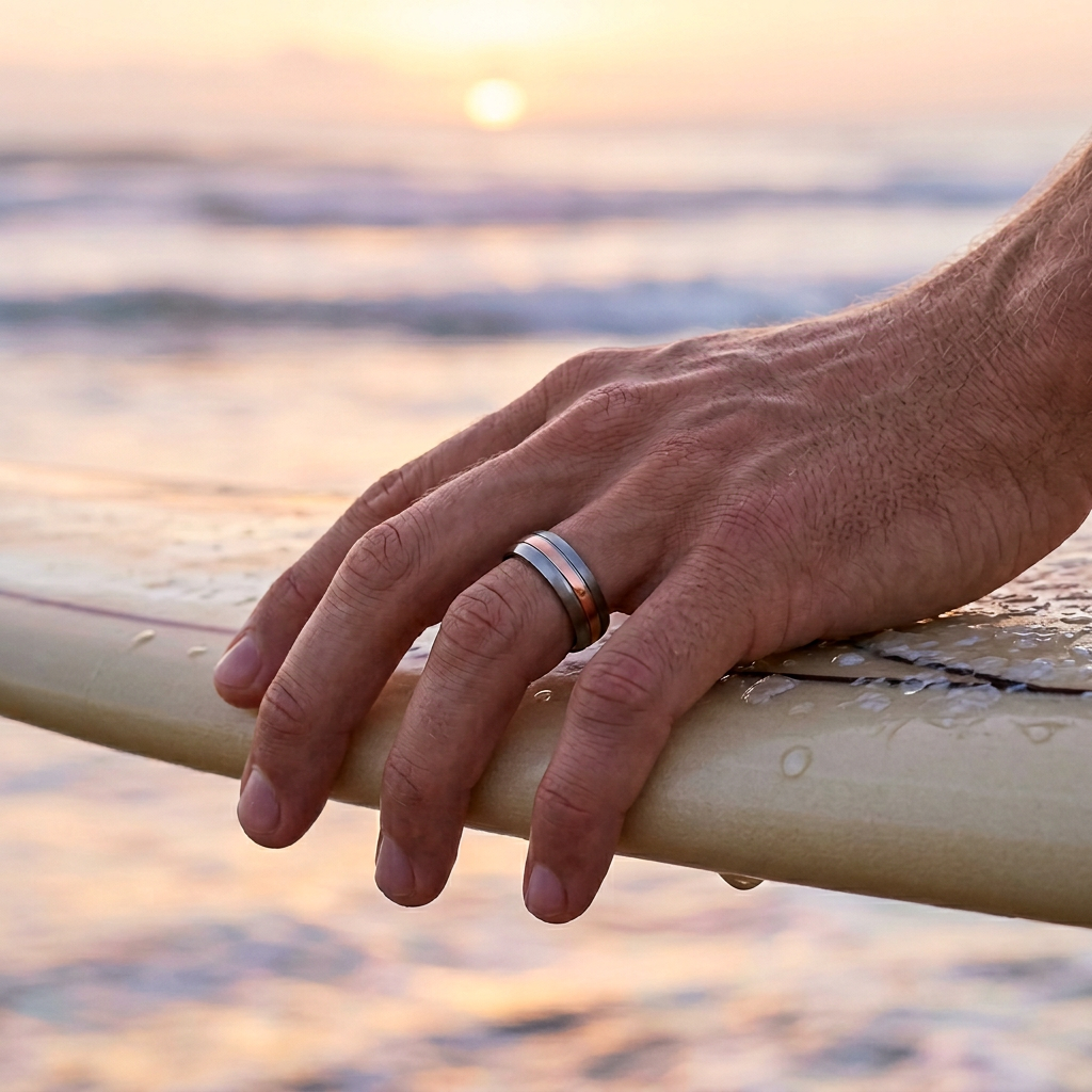 Brushed Stainless Steel Ring with Ion Plated Rose Gold Centre Band