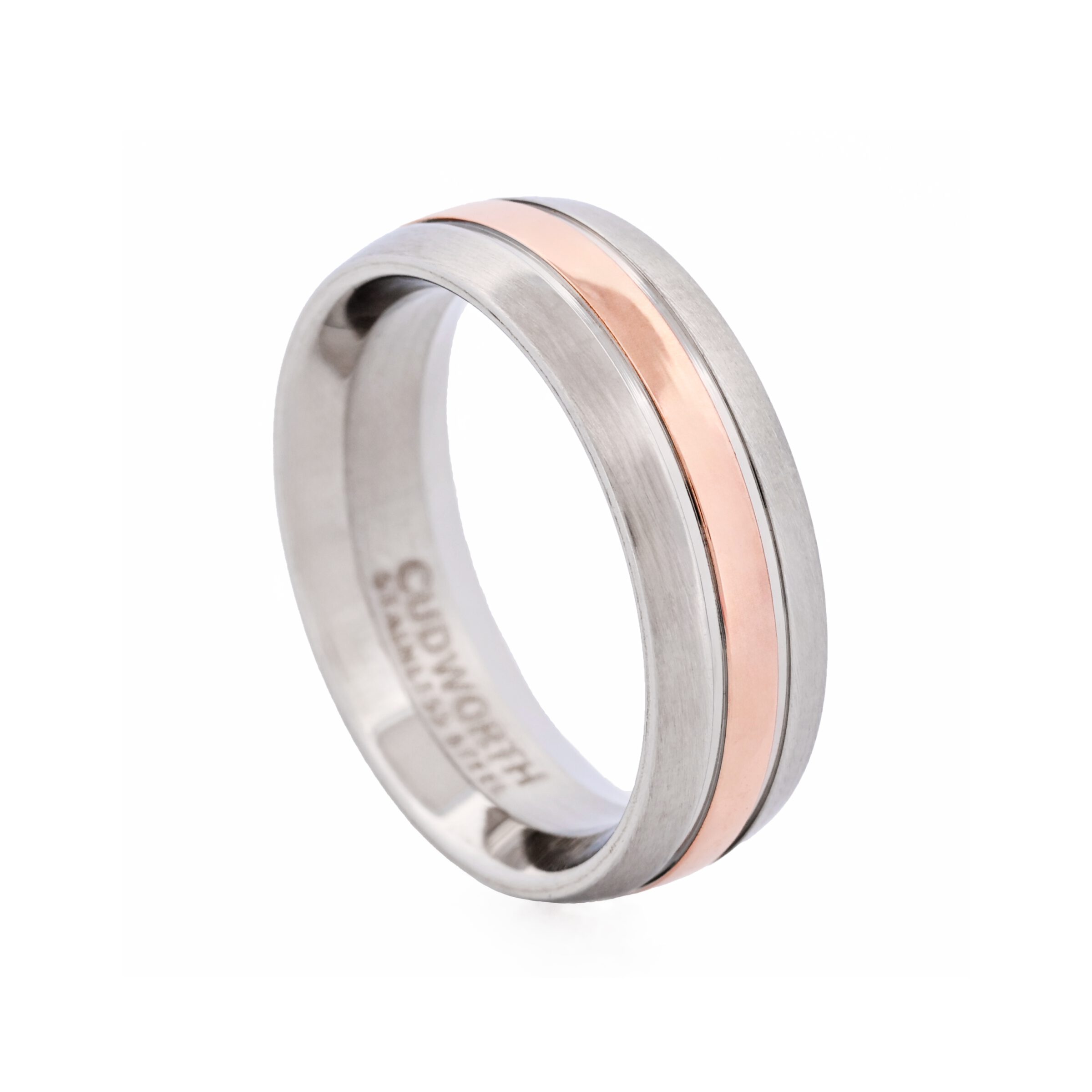 Brushed Stainless Steel Ring with Ion Plated Rose Gold Centre Band