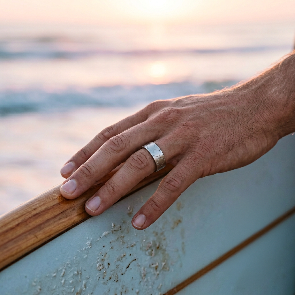 Brushed Stainless Steel Drum Pattern Ring