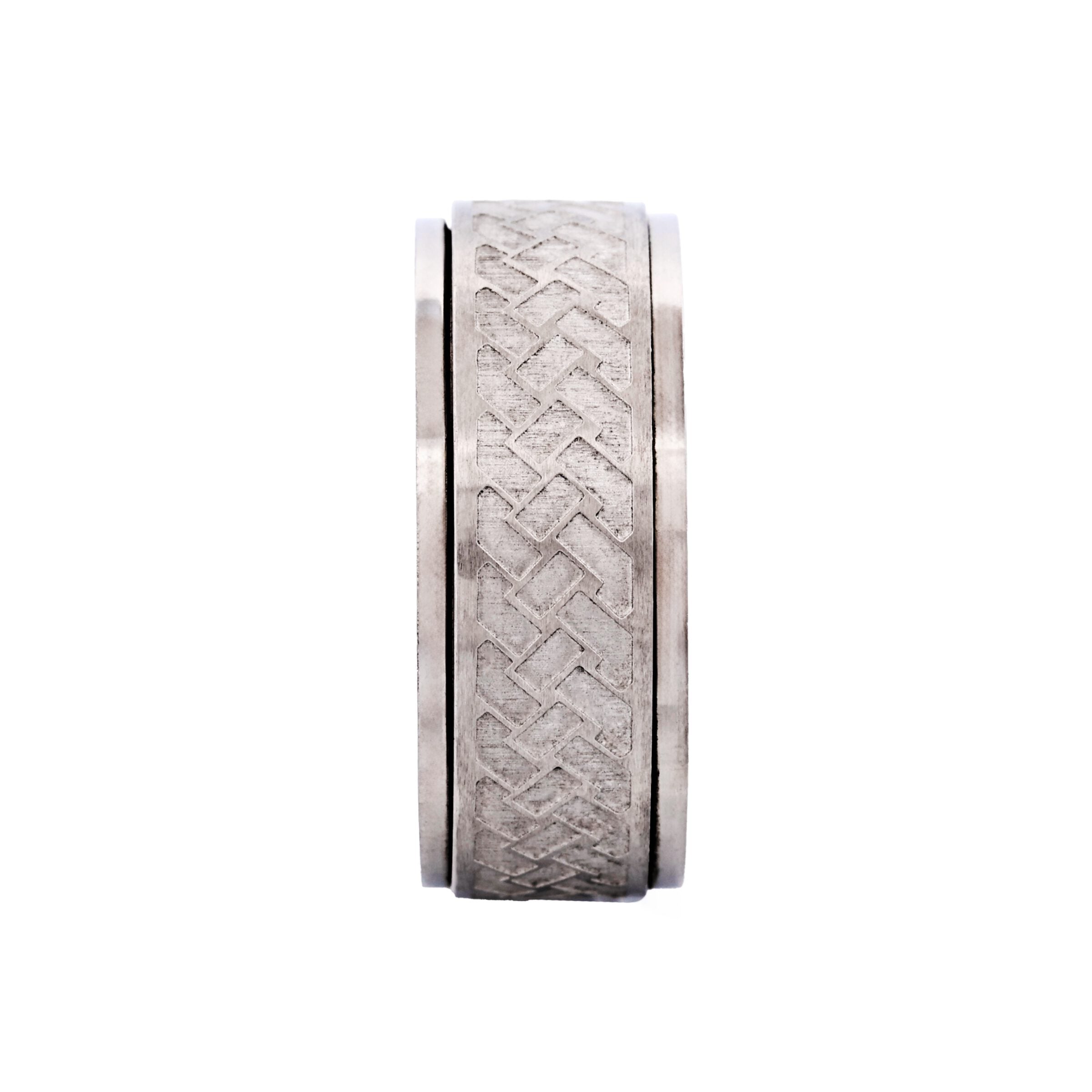 Matt & Polished Stainless Steel Spinner Ring with Platted Pattern in Centre