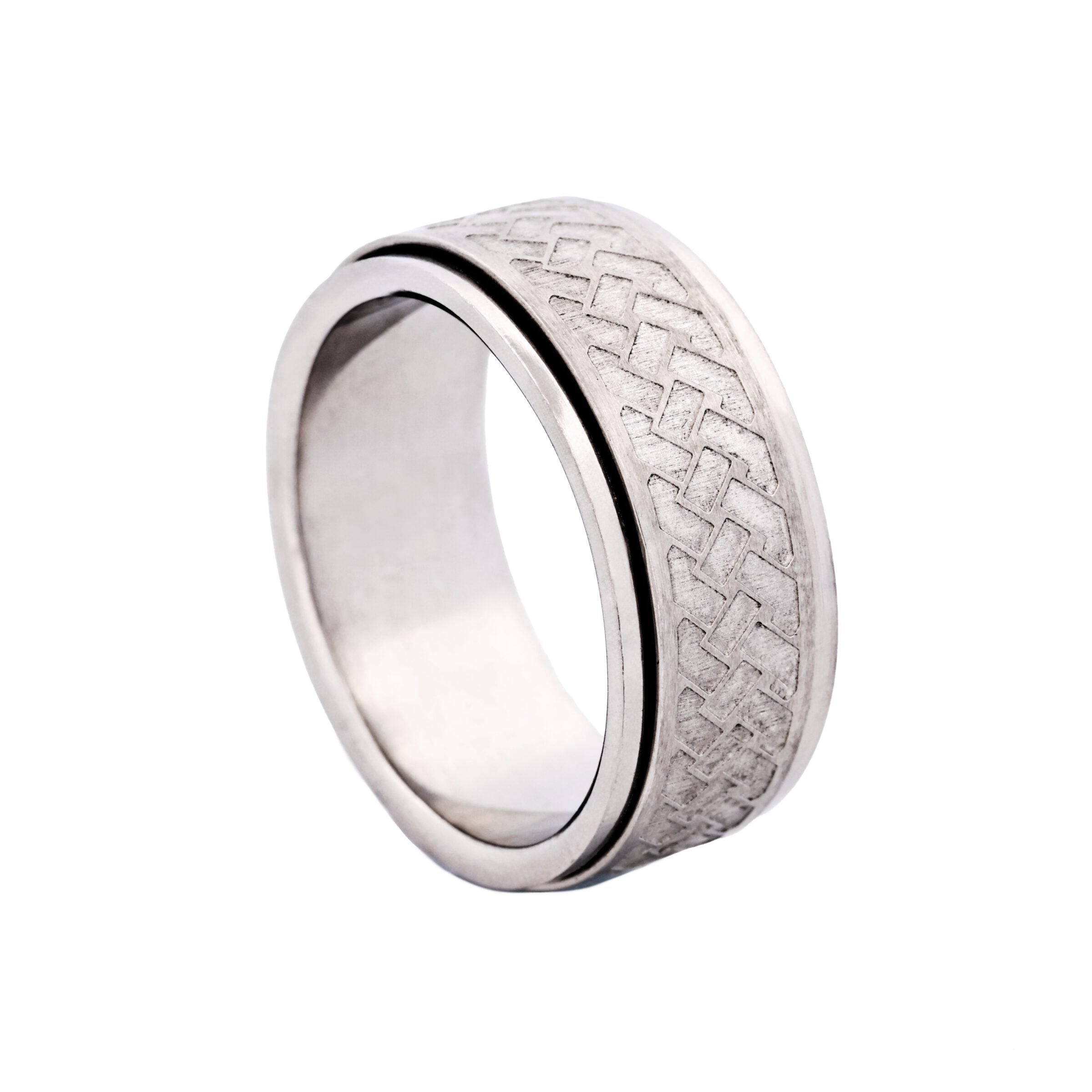 Matt & Polished Stainless Steel Spinner Ring with Platted Pattern in Centre