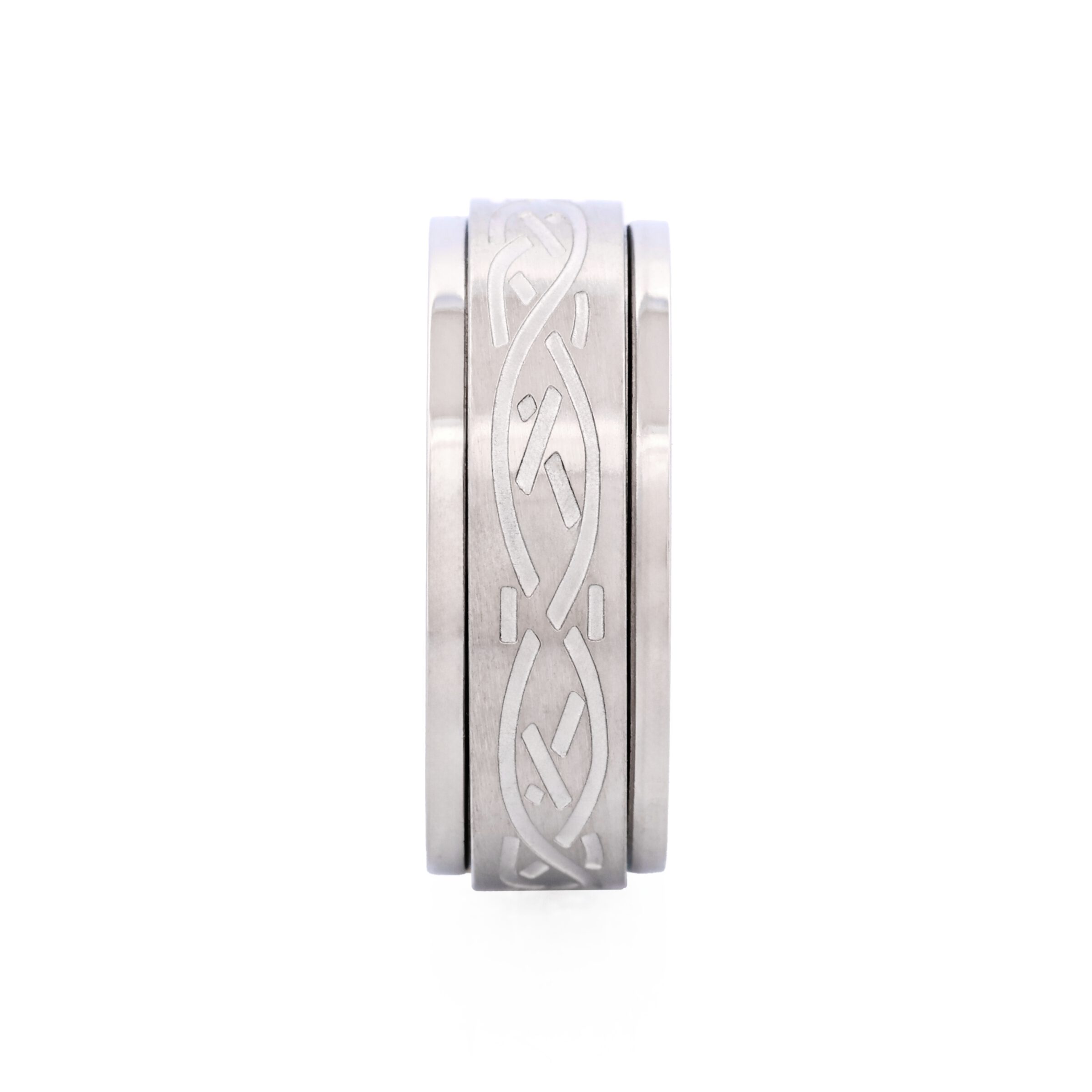 Polished and Brushed Stainless Steel Spinner Ring with Etched Centre Pattern