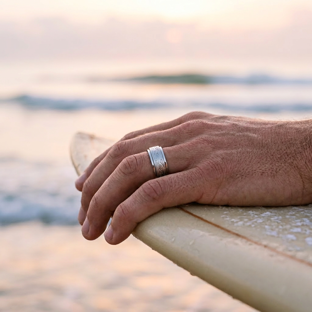 Polished and Brushed Stainless Steel Spinner Ring with Etched Centre Pattern