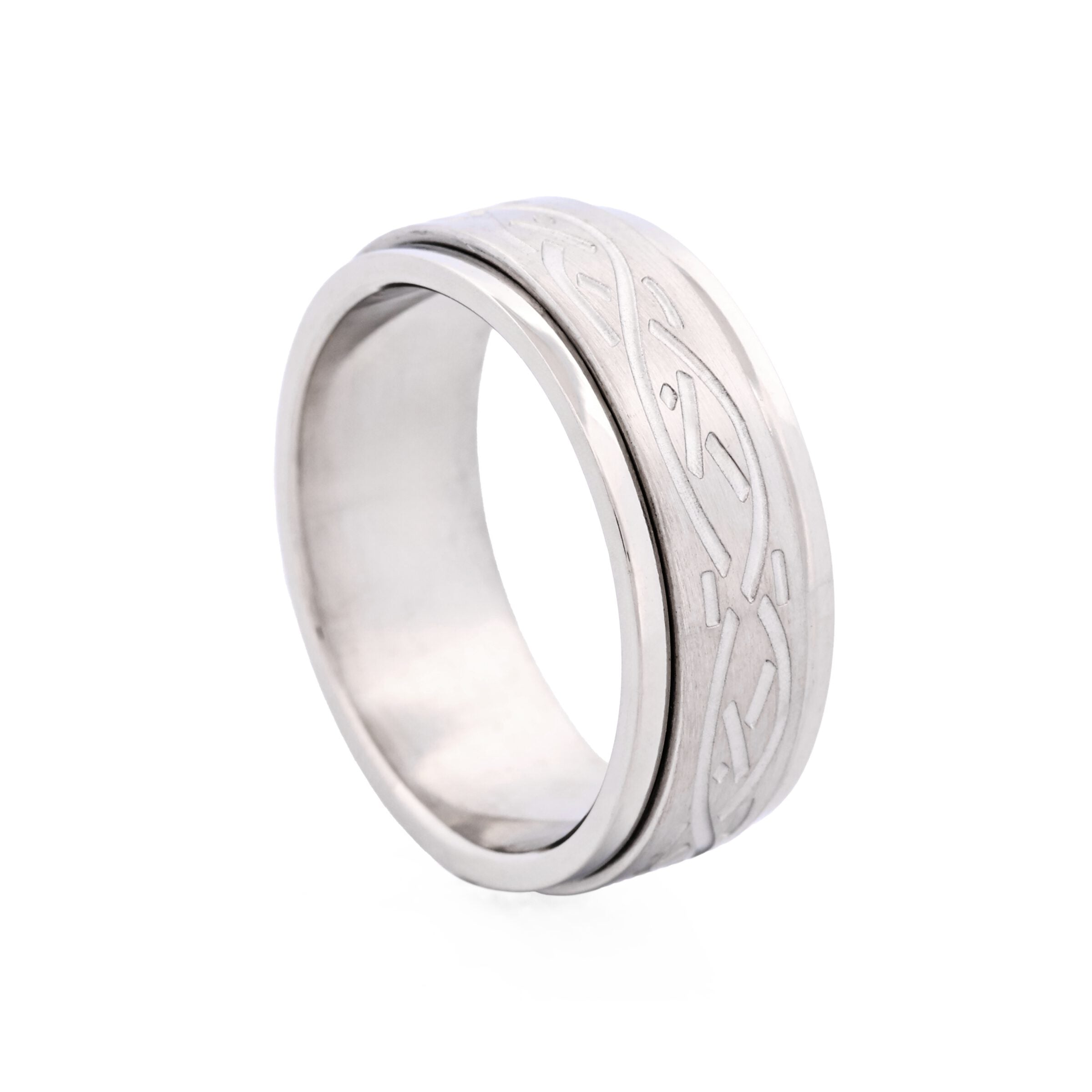 Polished and Brushed Stainless Steel Spinner Ring with Etched Centre Pattern