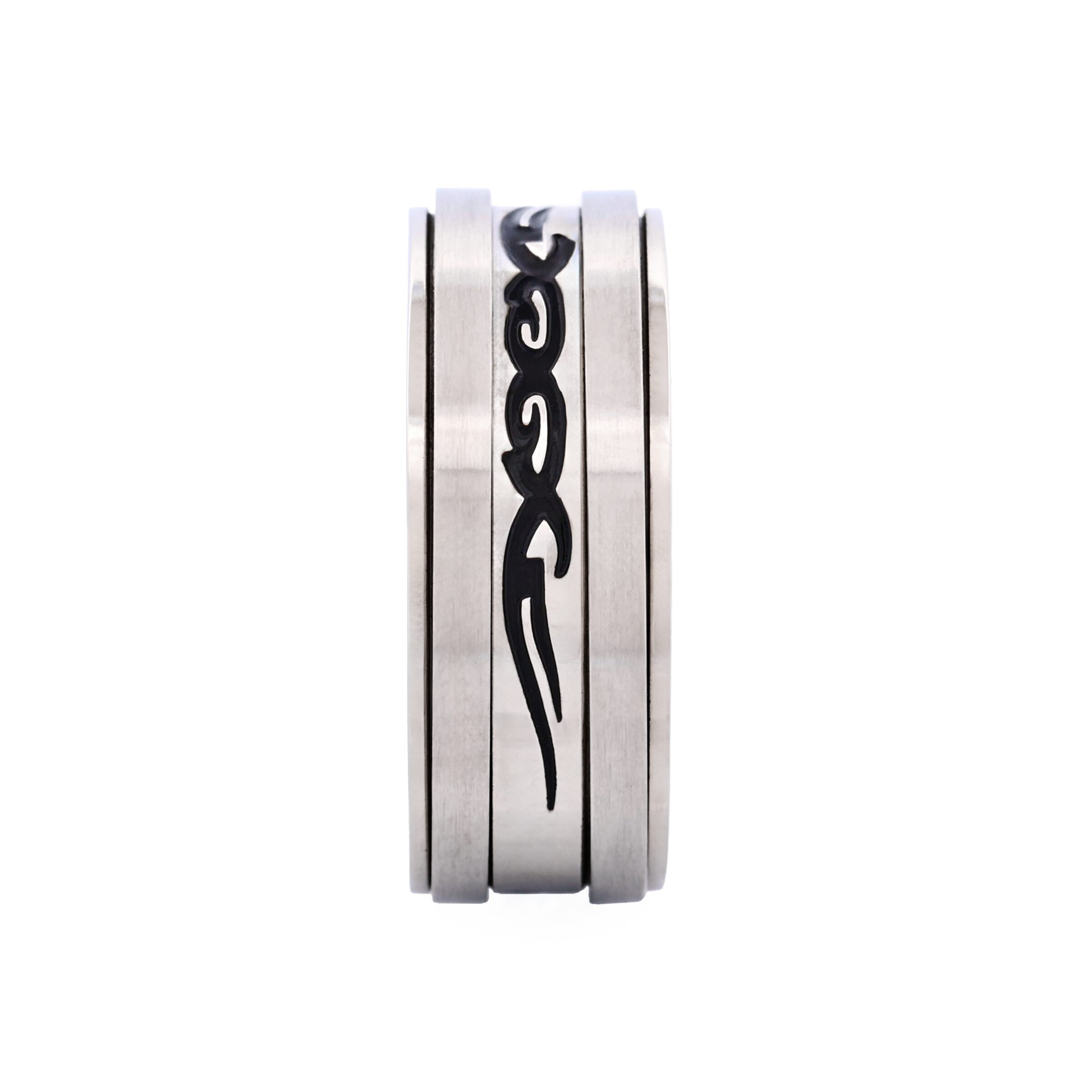Brushed Stainless Steel Spinner Ring with Black Enamel Etched Centre