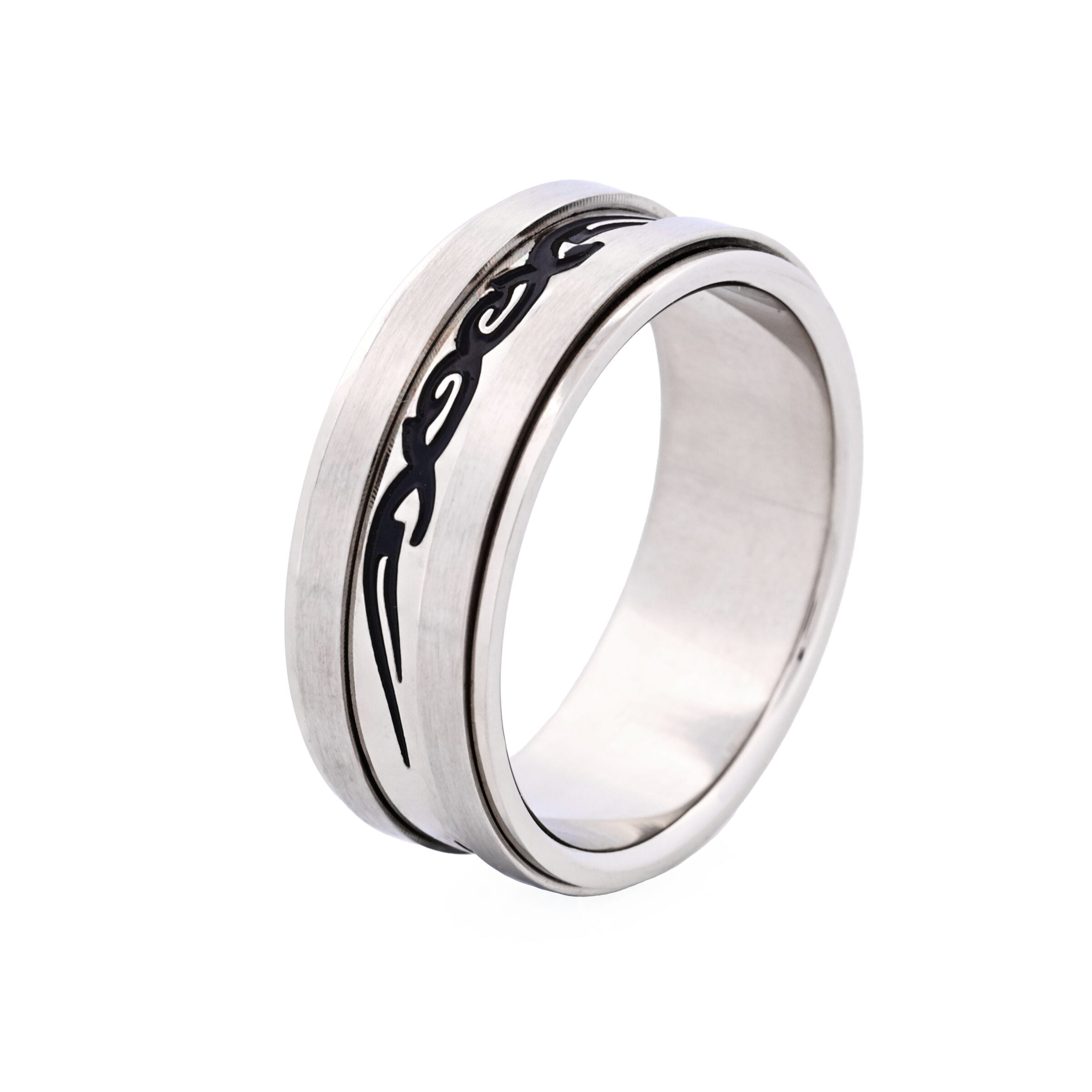 Brushed Stainless Steel Spinner Ring with Black Enamel Etched Centre