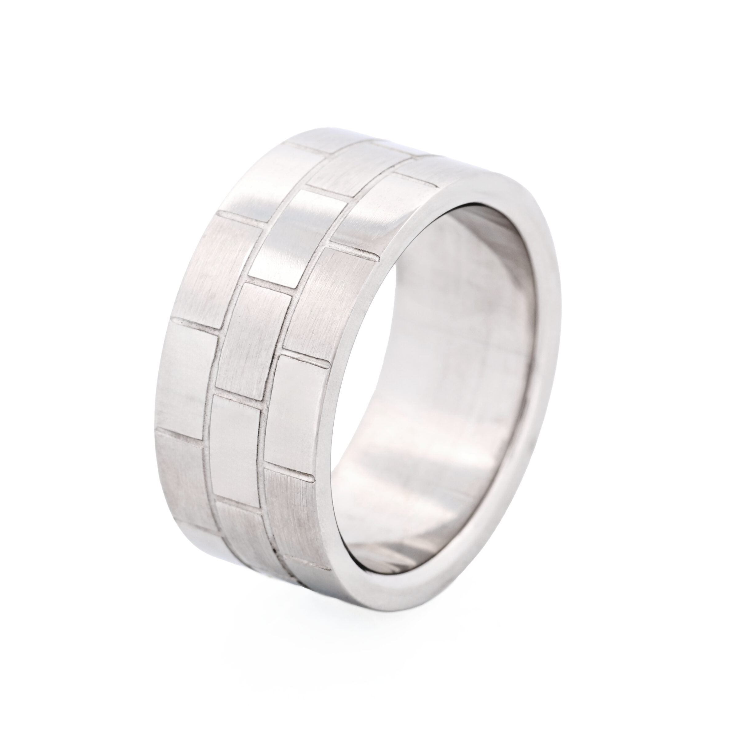 Brushed & Polished Stainless Steel Brick Pattern Ring