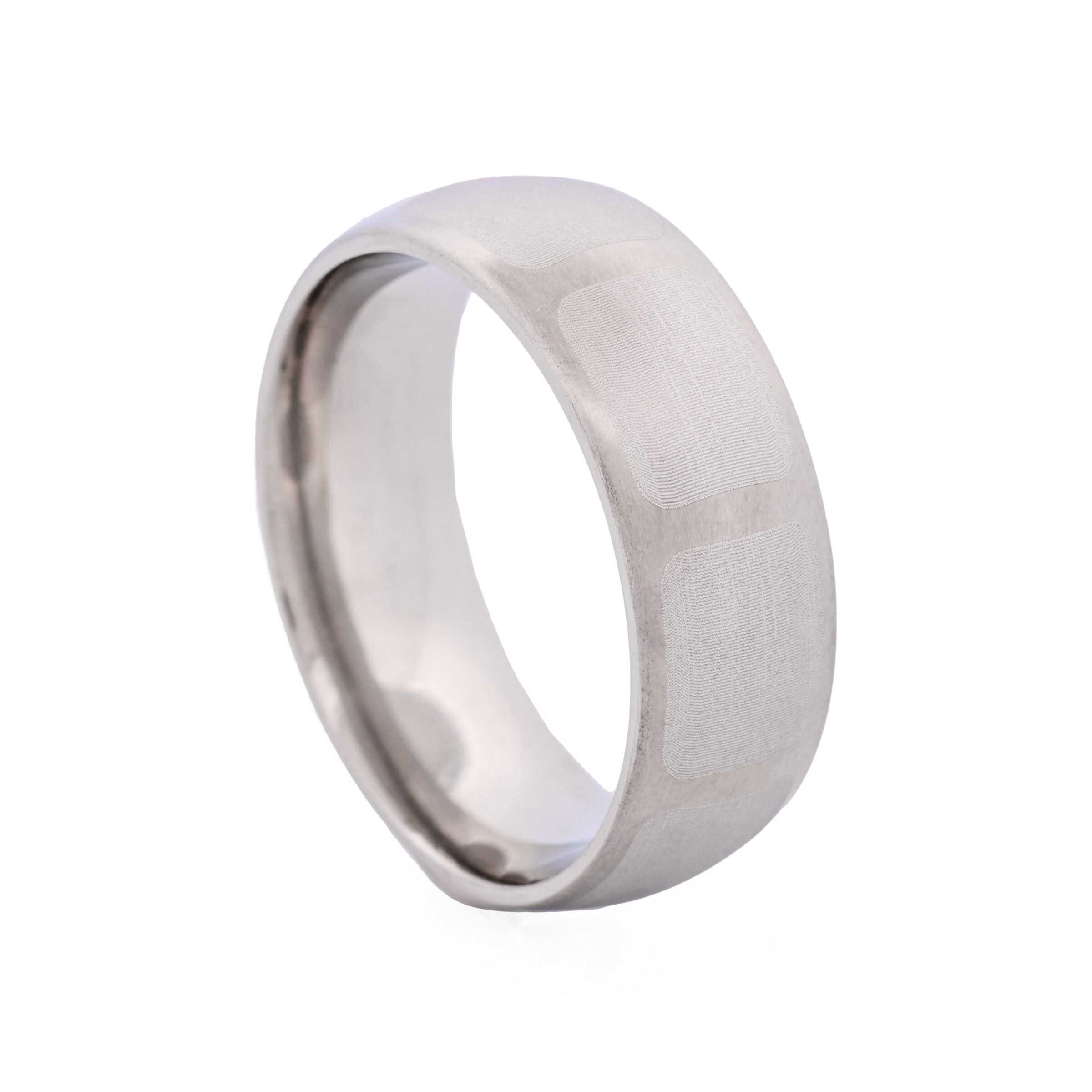 Brushed Stainless Steel Ring with Frosted Square Wrap Around Pattern
