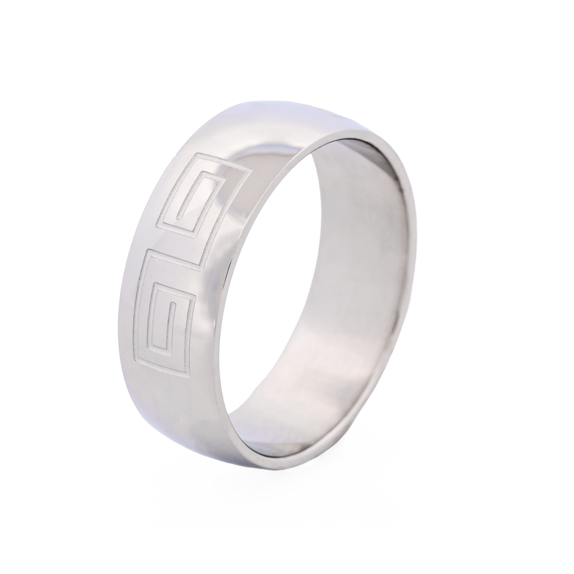 Polished Stainless Steel Ring with Etched Greek Key Pattern