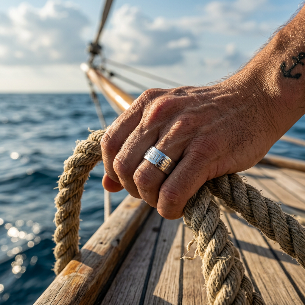 Polished Stainless Steel Ring with Etched Greek Key Pattern