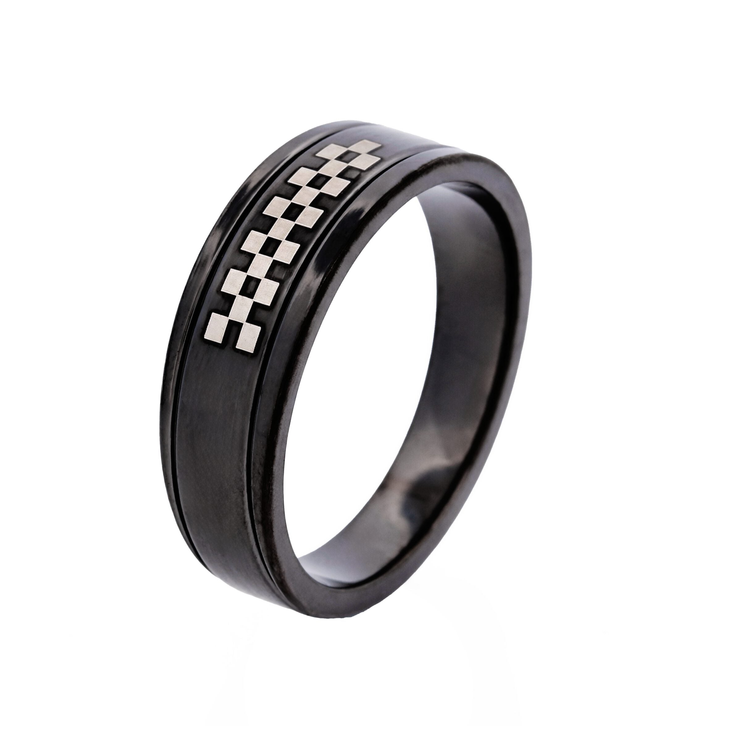 Ion Plated Black Stainless Steel Ring with Check Pattern