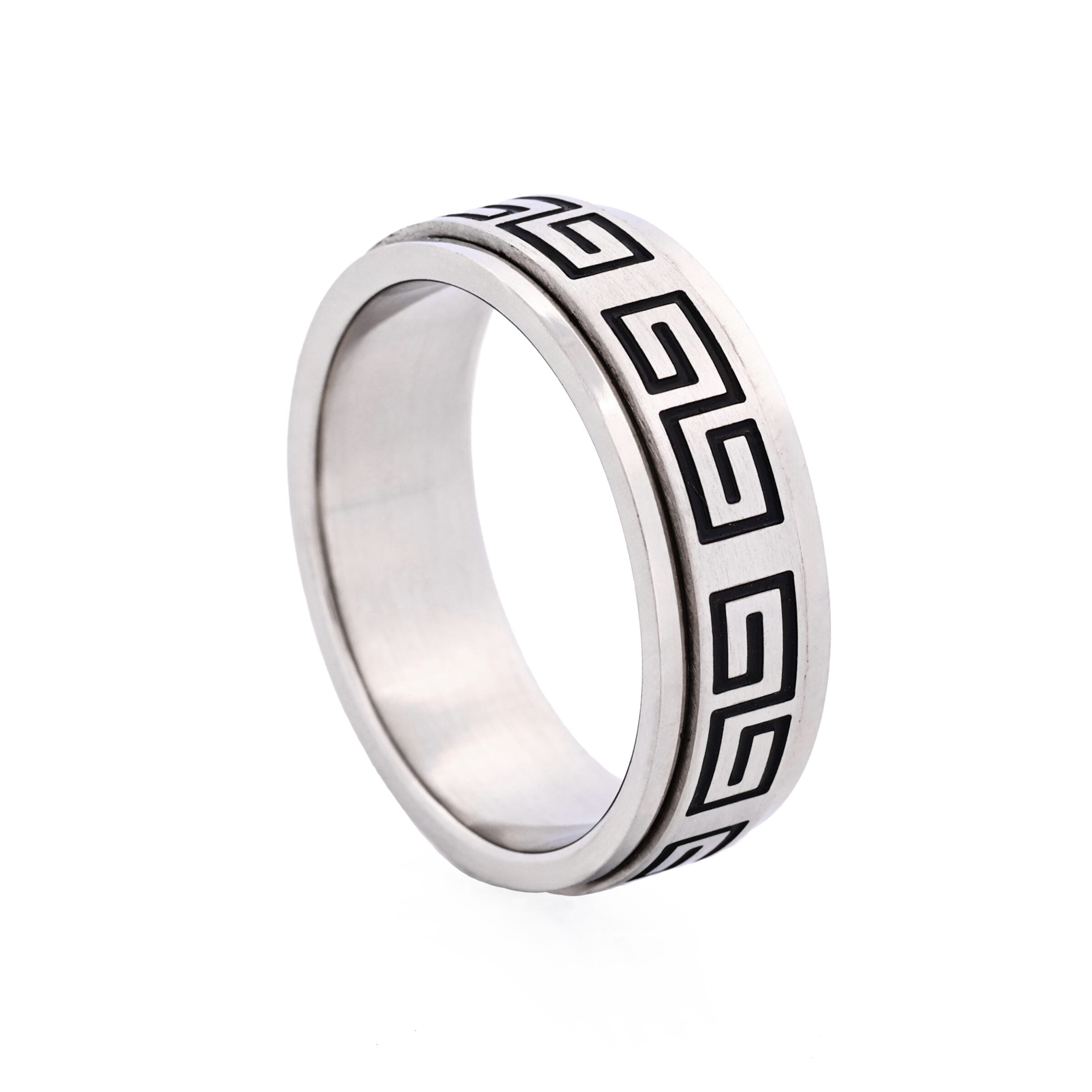 Brushed Stainless Steel Ring with Black Enamel Greek Key Pattern