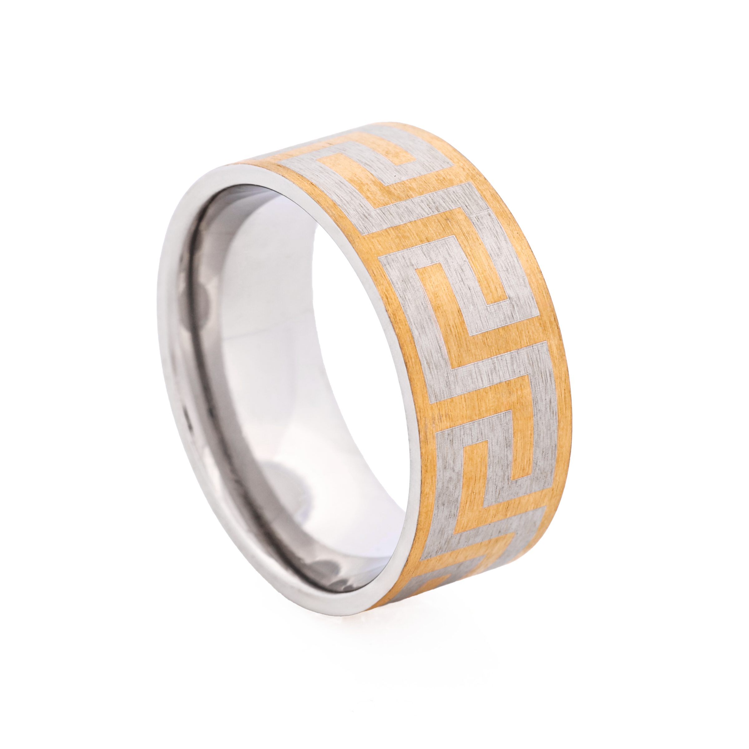 Ion Plated Yellow Gold Stainless Steel Ring with Frosted Greek Key Pattern