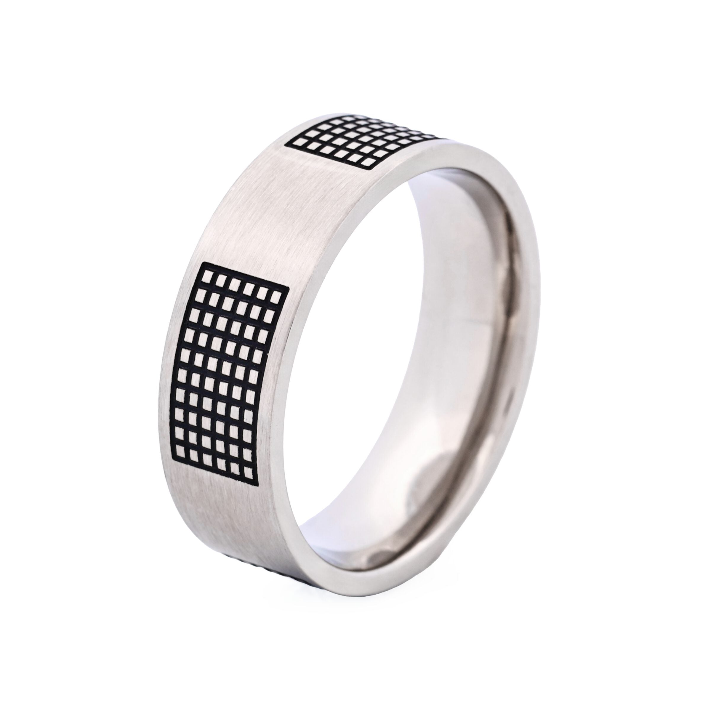 Brushed Stainless Steel Ring with Black Enamel Lattice Pattern
