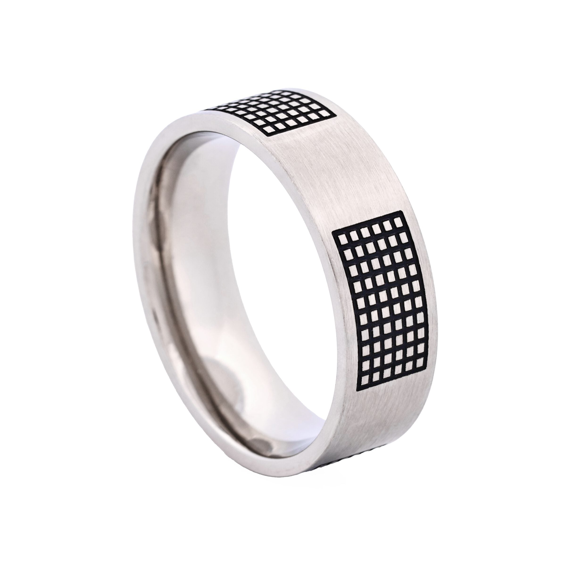 Brushed Stainless Steel Ring with Black Enamel Lattice Pattern