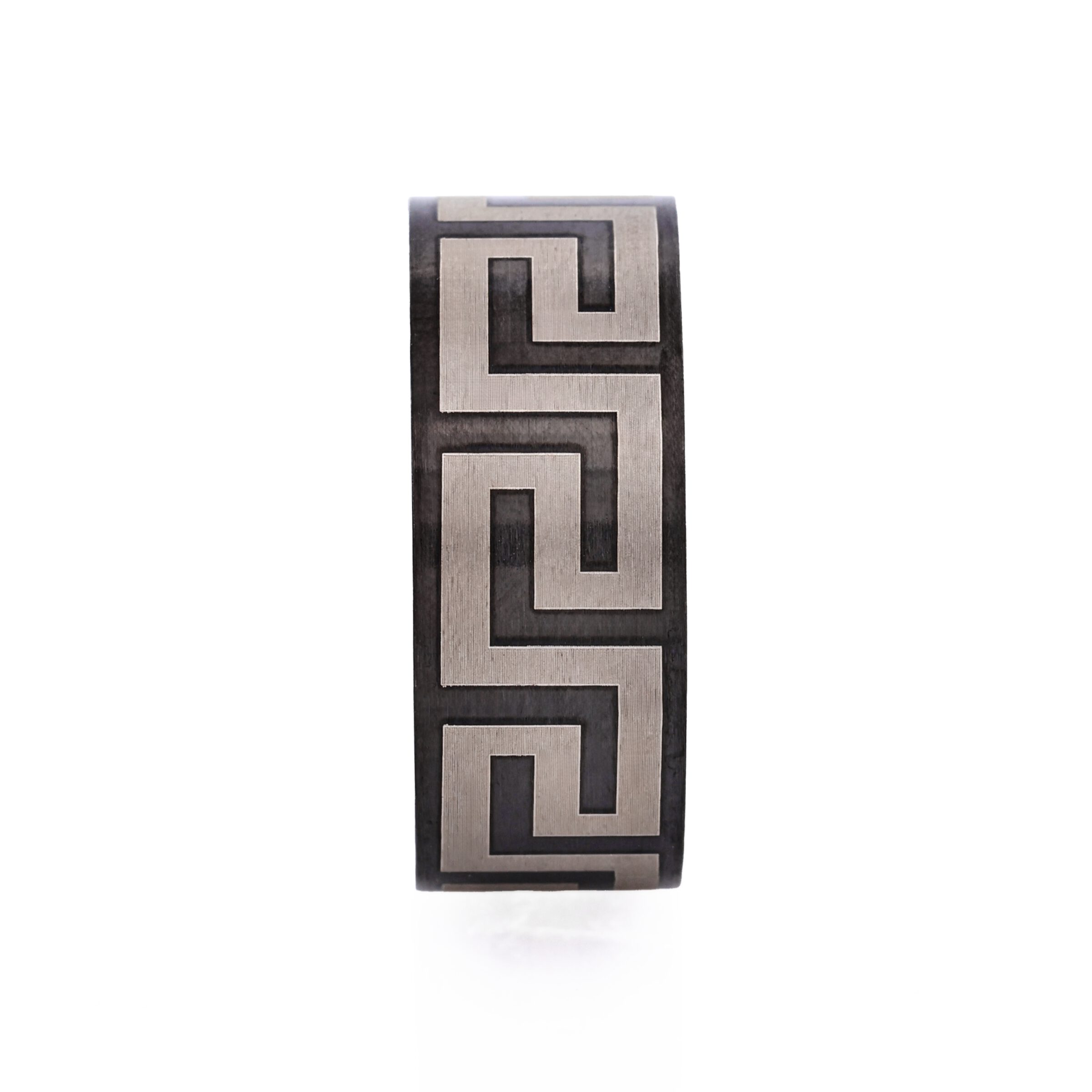 Ion Plated Black Stainless Steel Ring with Frosted Greek Key Pattern