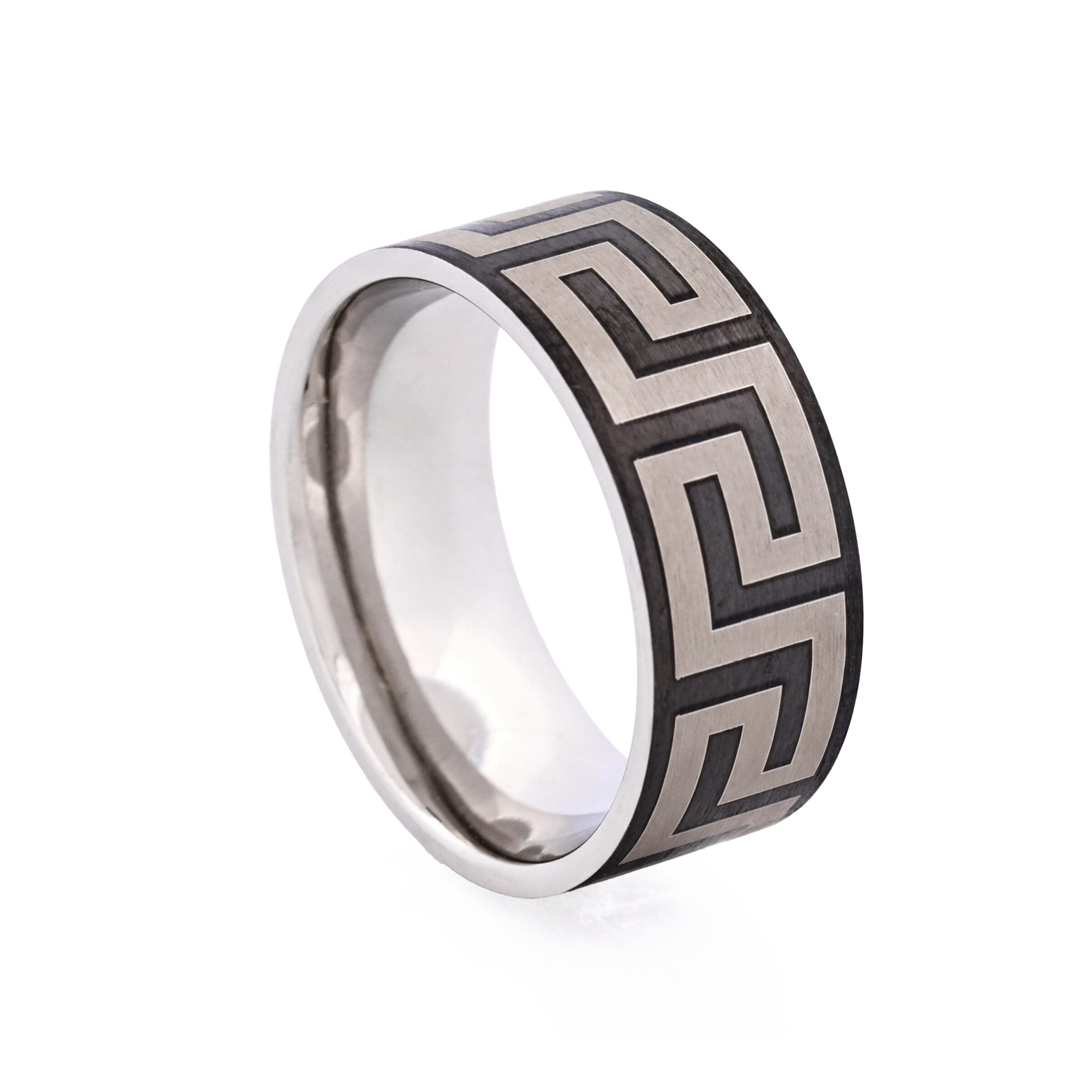 Ion Plated Black Stainless Steel Ring with Frosted Greek Key Pattern