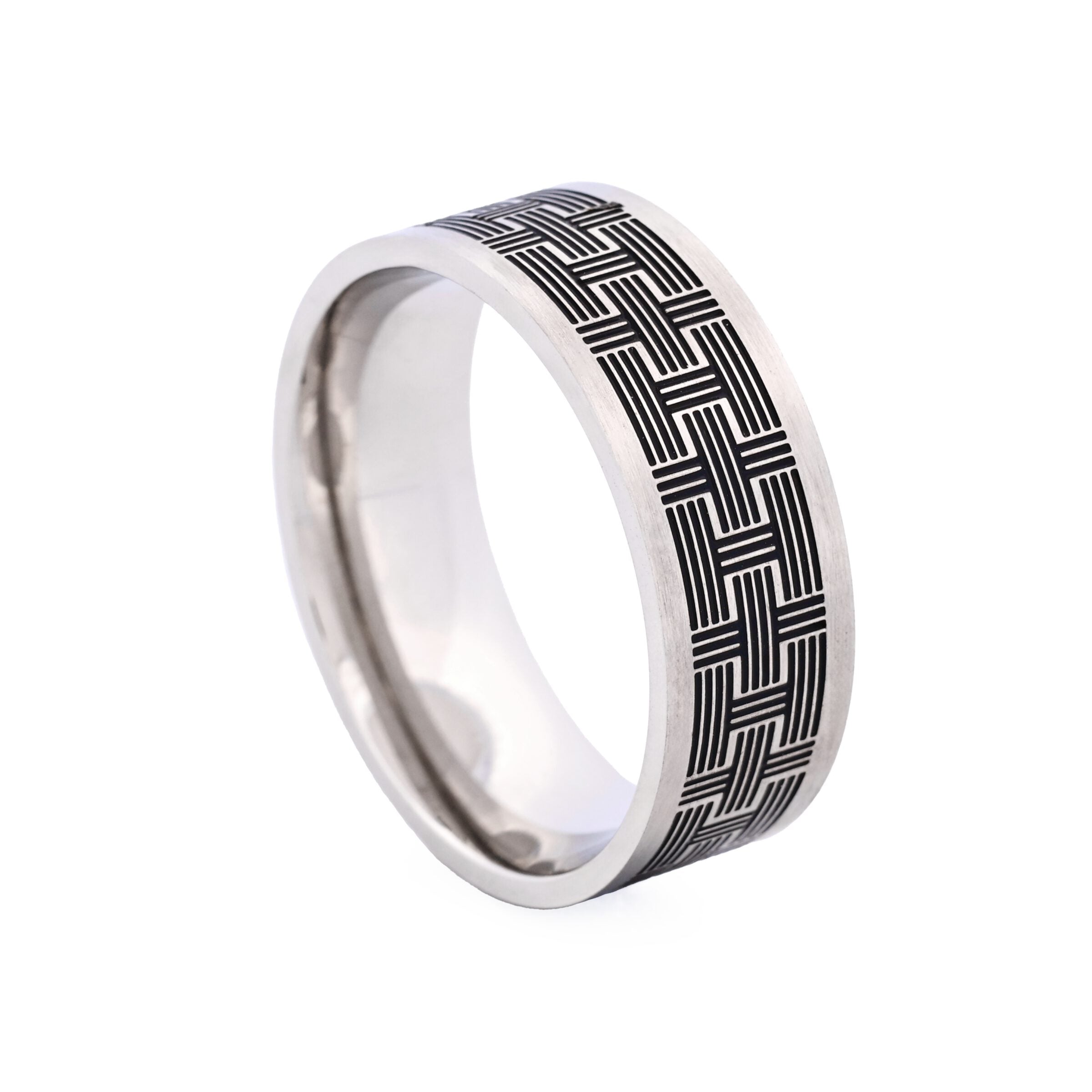 Brushed Stainless Steel Ring with Black enamel Brick Pattern