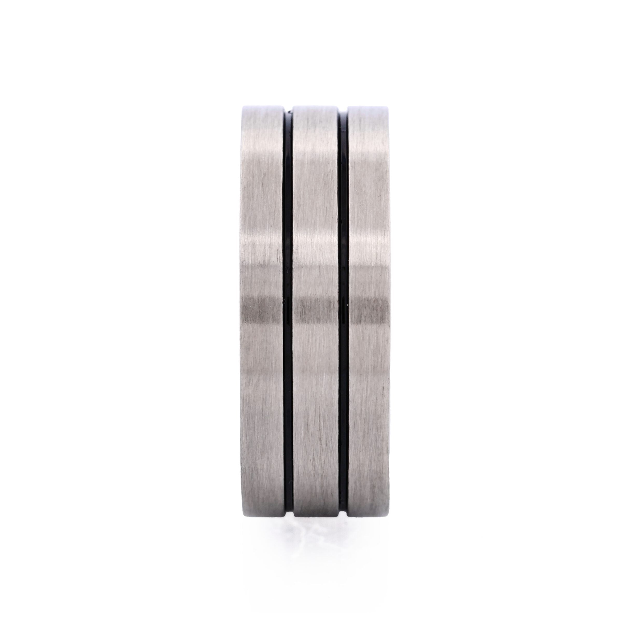 Brushed Stainless Steel Ring with Double Black Enamel Stripes