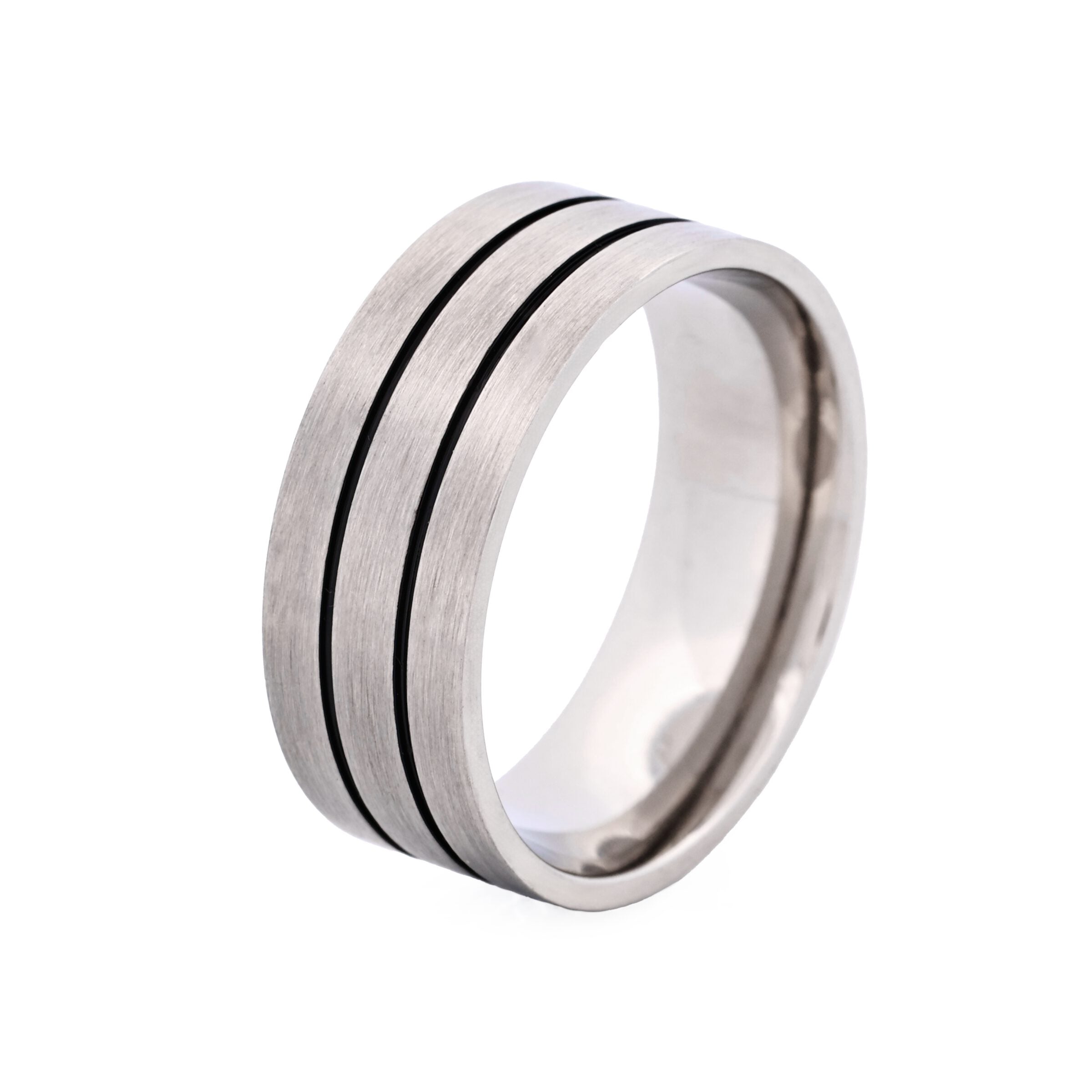 Brushed Stainless Steel Ring with Double Black Enamel Stripes