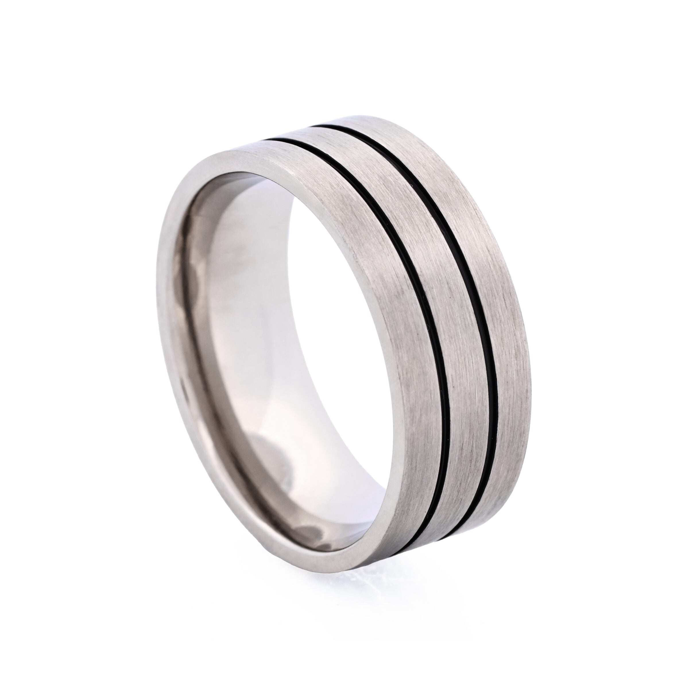 Brushed Stainless Steel Ring with Double Black Enamel Stripes