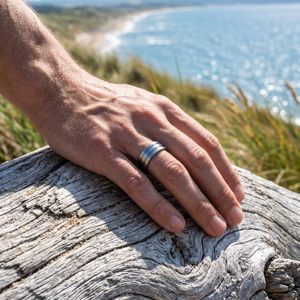 Brushed Ribbed Striped Stainless Steel Ring