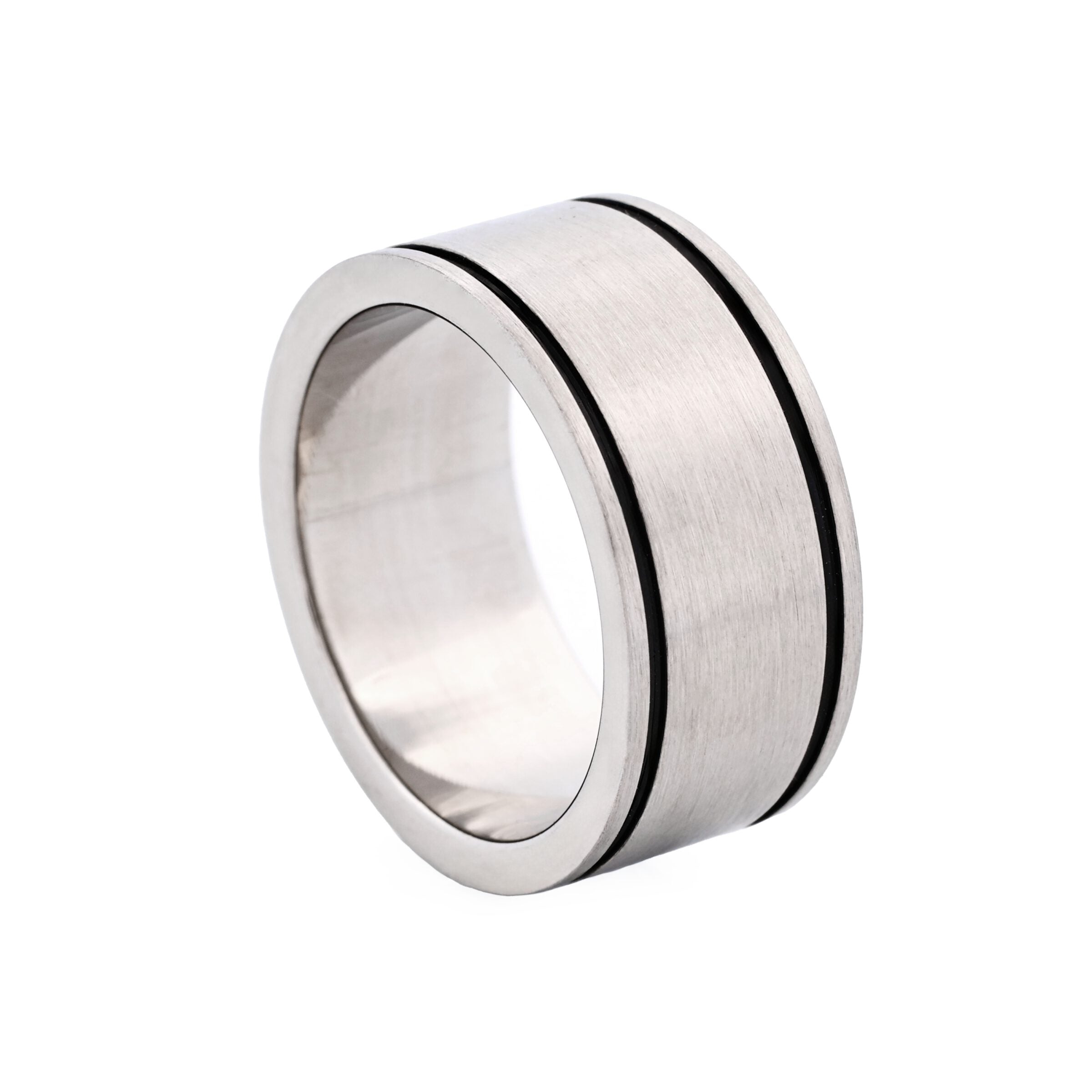 Brushed Stainless Steel Ring with Two Black Enamel lines