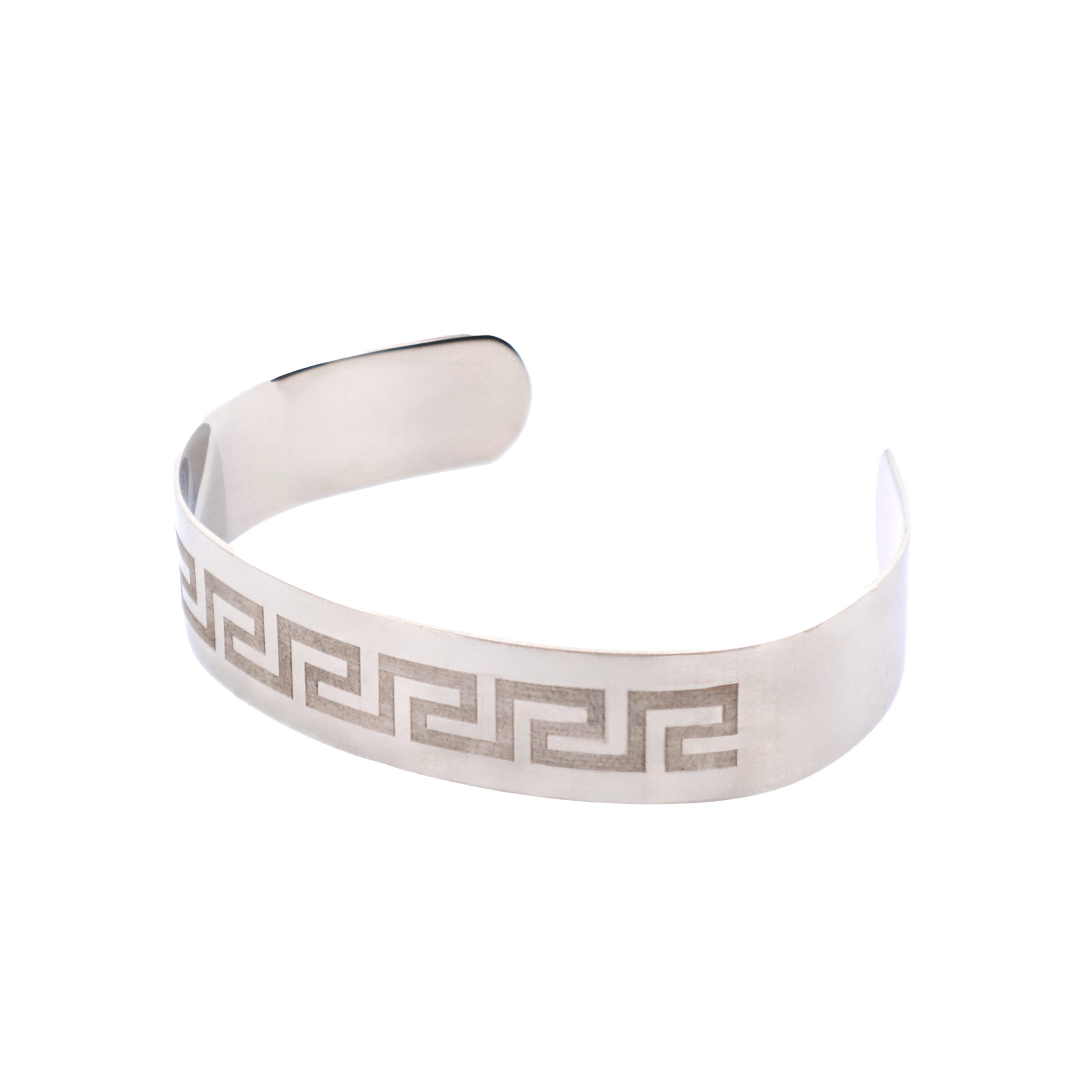 Brushed Stainless Steel Bangle & Cuff - Etched Greek Key Pattern