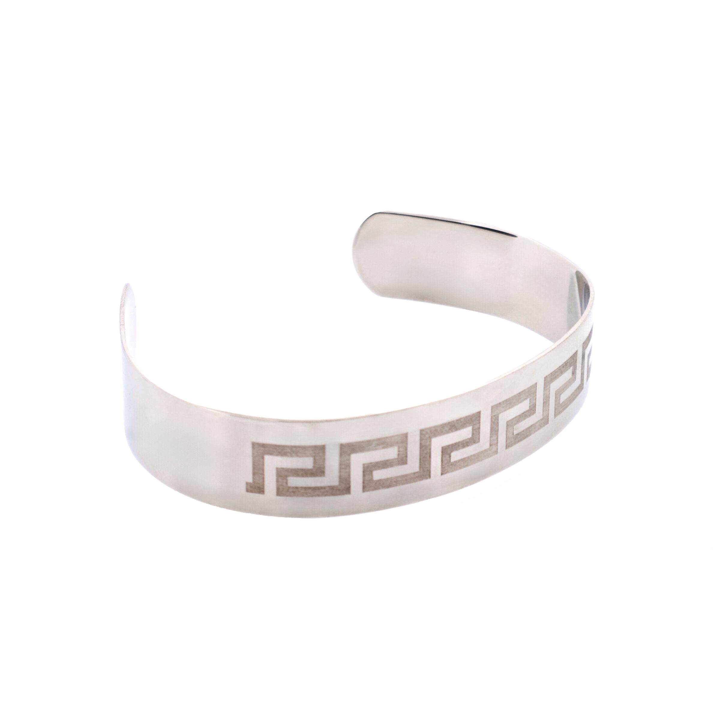 Brushed Stainless Steel Bangle & Cuff - Etched Greek Key Pattern