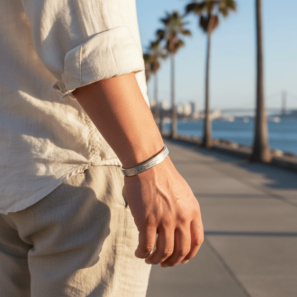 Brushed Stainless Steel Bangle & Cuff with Etched Pattern