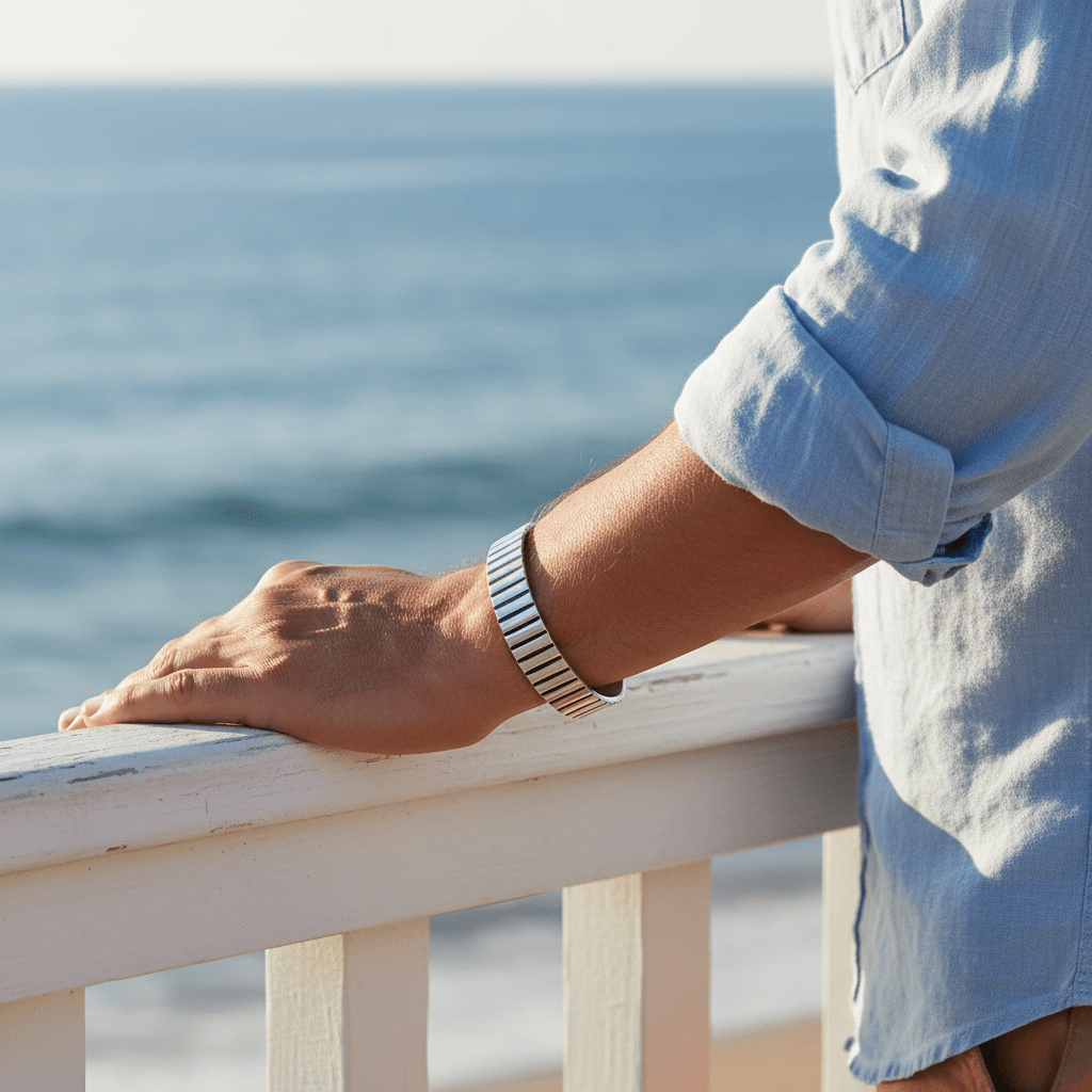 Brushed Stainless Steel Corrogated Cuff & Bangle with Black Enamel