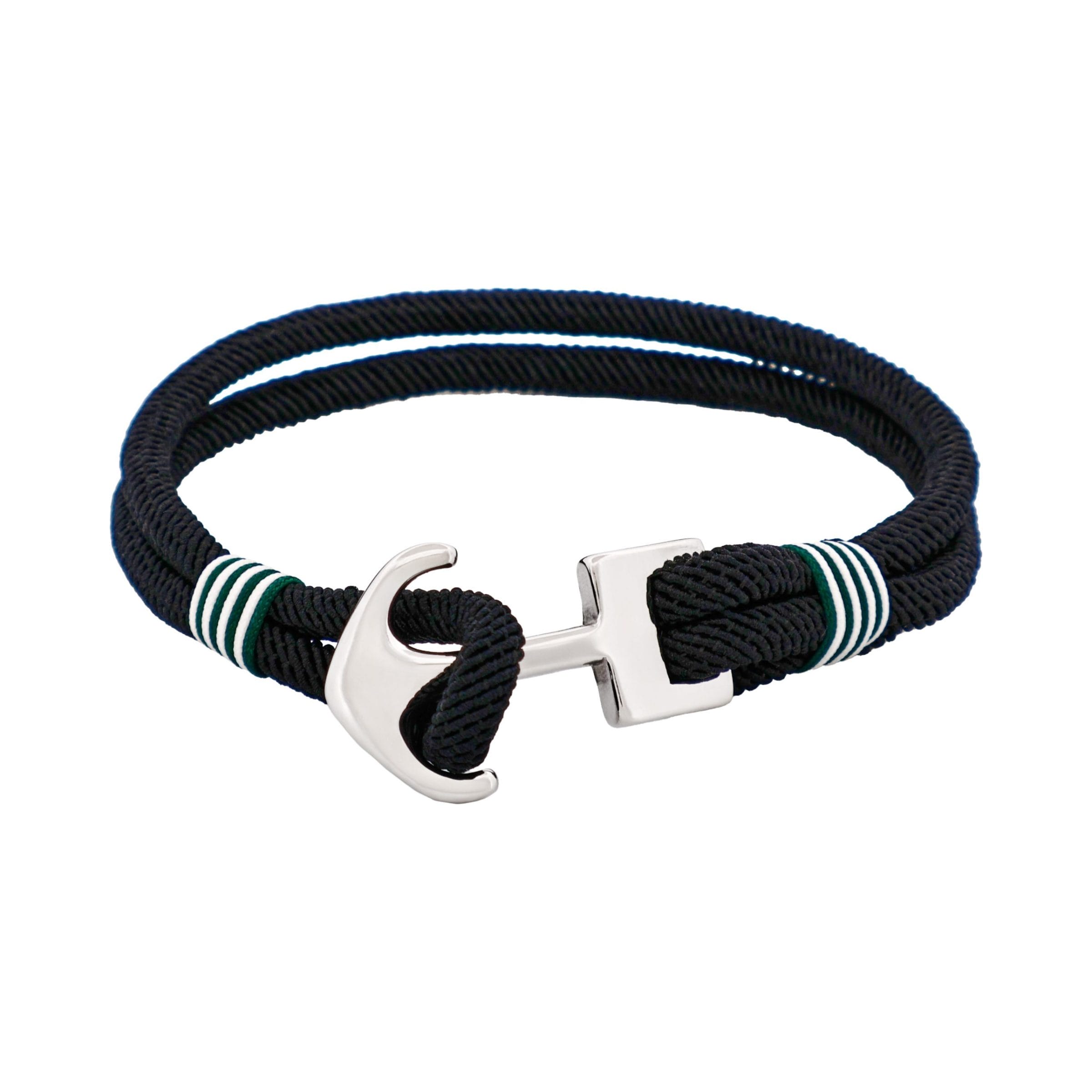 Stainless Steel - Dark Green & White Cord Anchor Bracelet