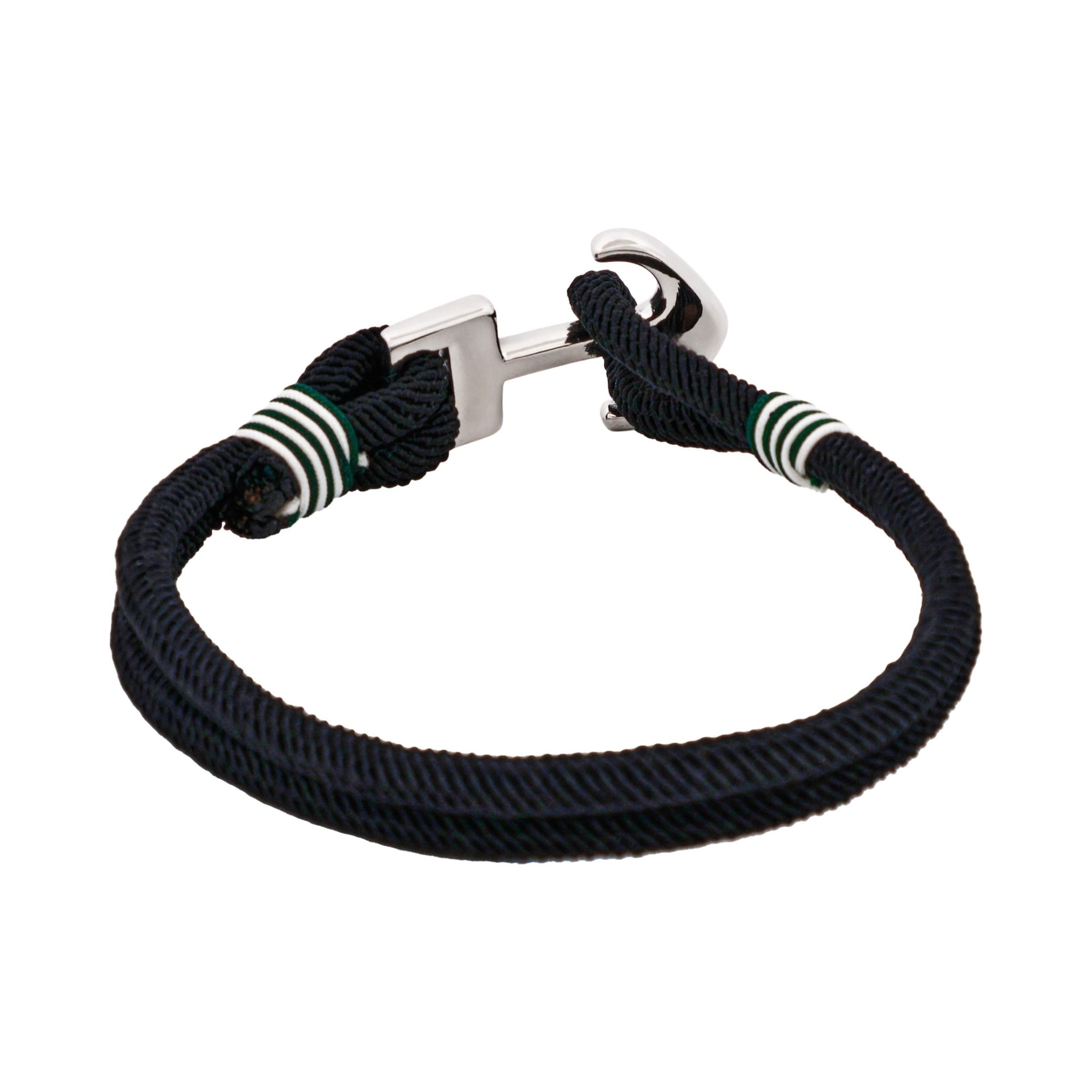 Stainless Steel - Dark Green & White Cord Anchor Bracelet