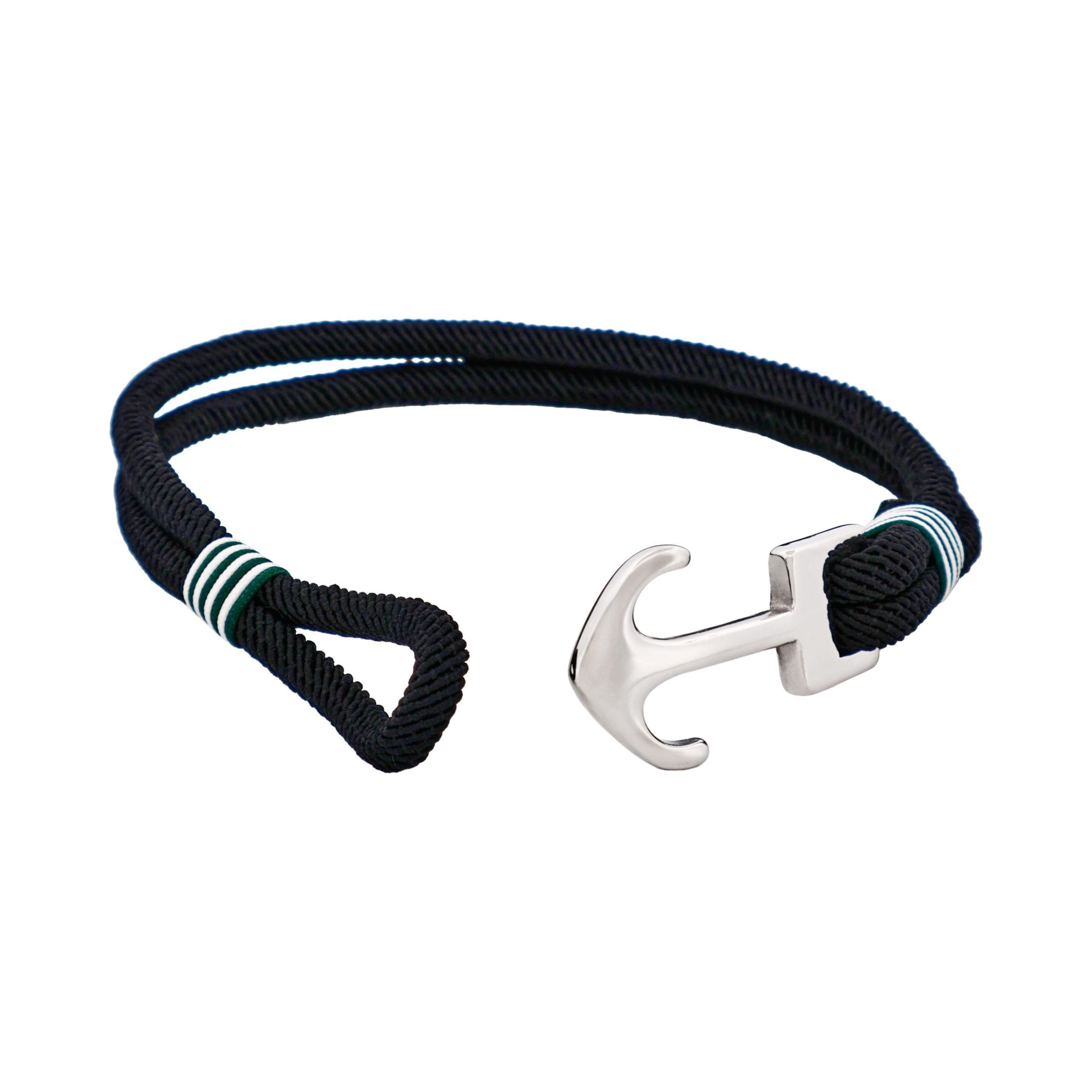 Stainless Steel - Dark Green & White Cord Anchor Bracelet