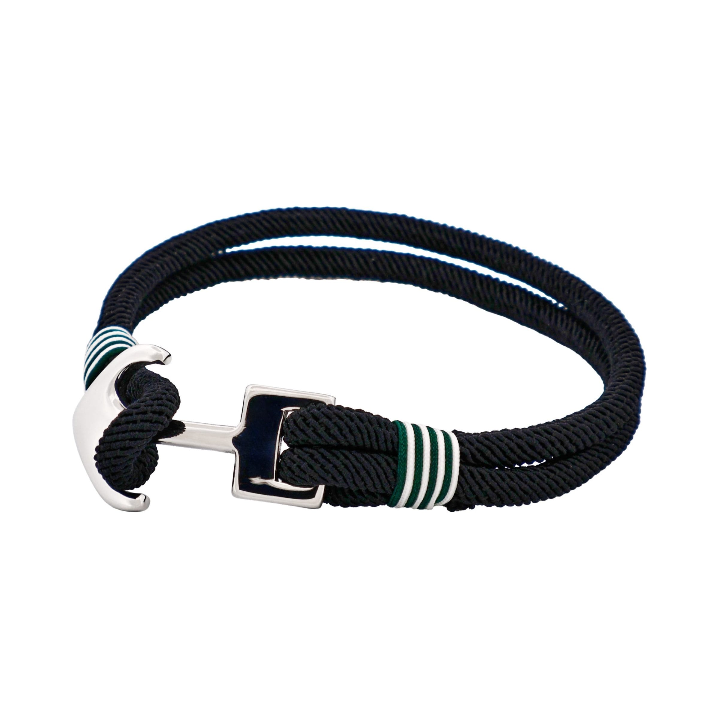 Stainless Steel - Dark Green & White Cord Anchor Bracelet