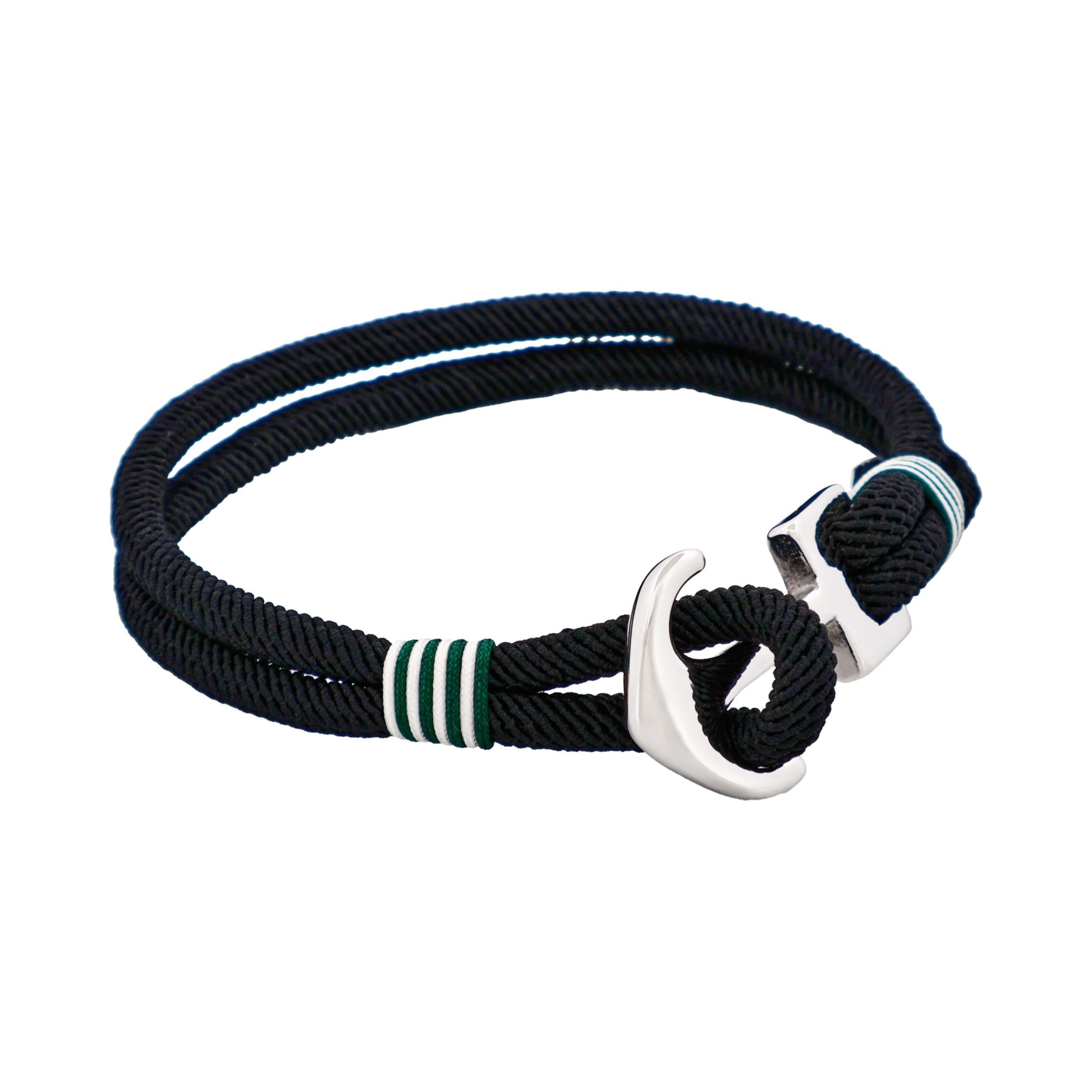 Stainless Steel - Dark Green & White Cord Anchor Bracelet