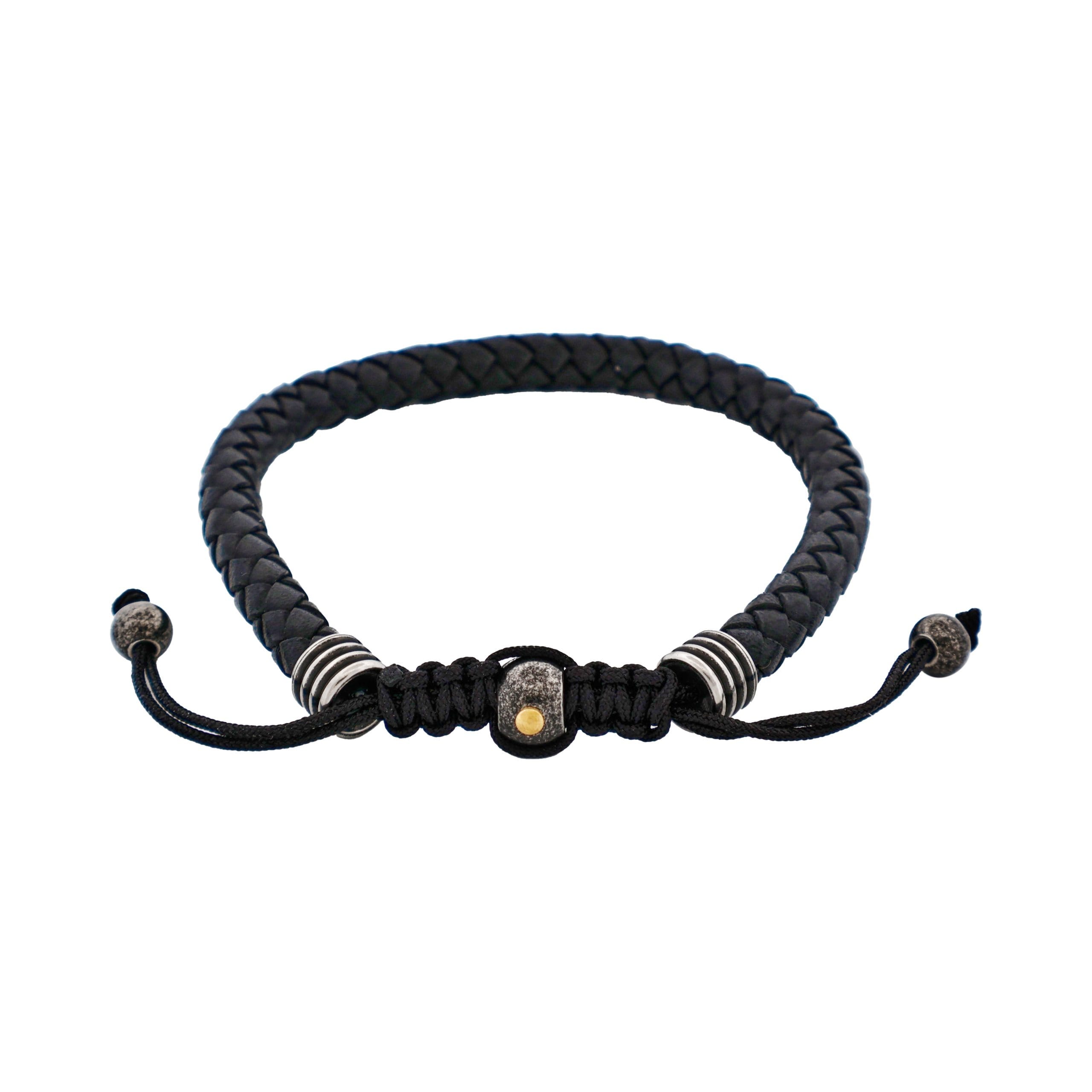 Stainless Steel & Black Leather Macrame Bracelet