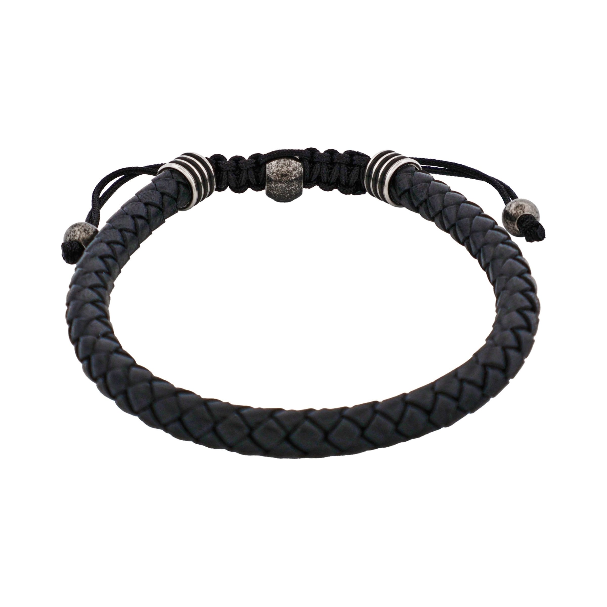 Stainless Steel & Black Leather Macrame Bracelet