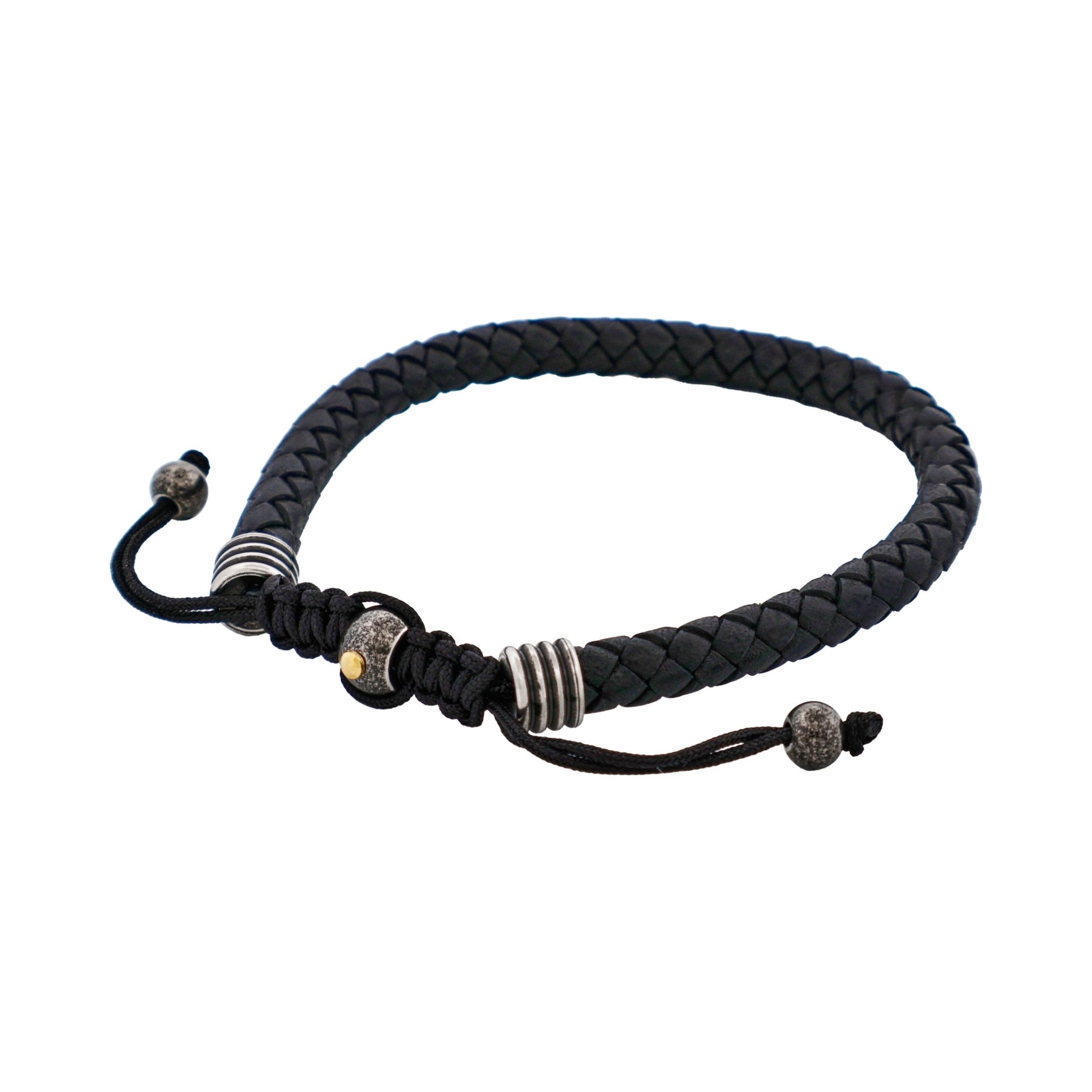 Stainless Steel & Black Leather Macrame Bracelet