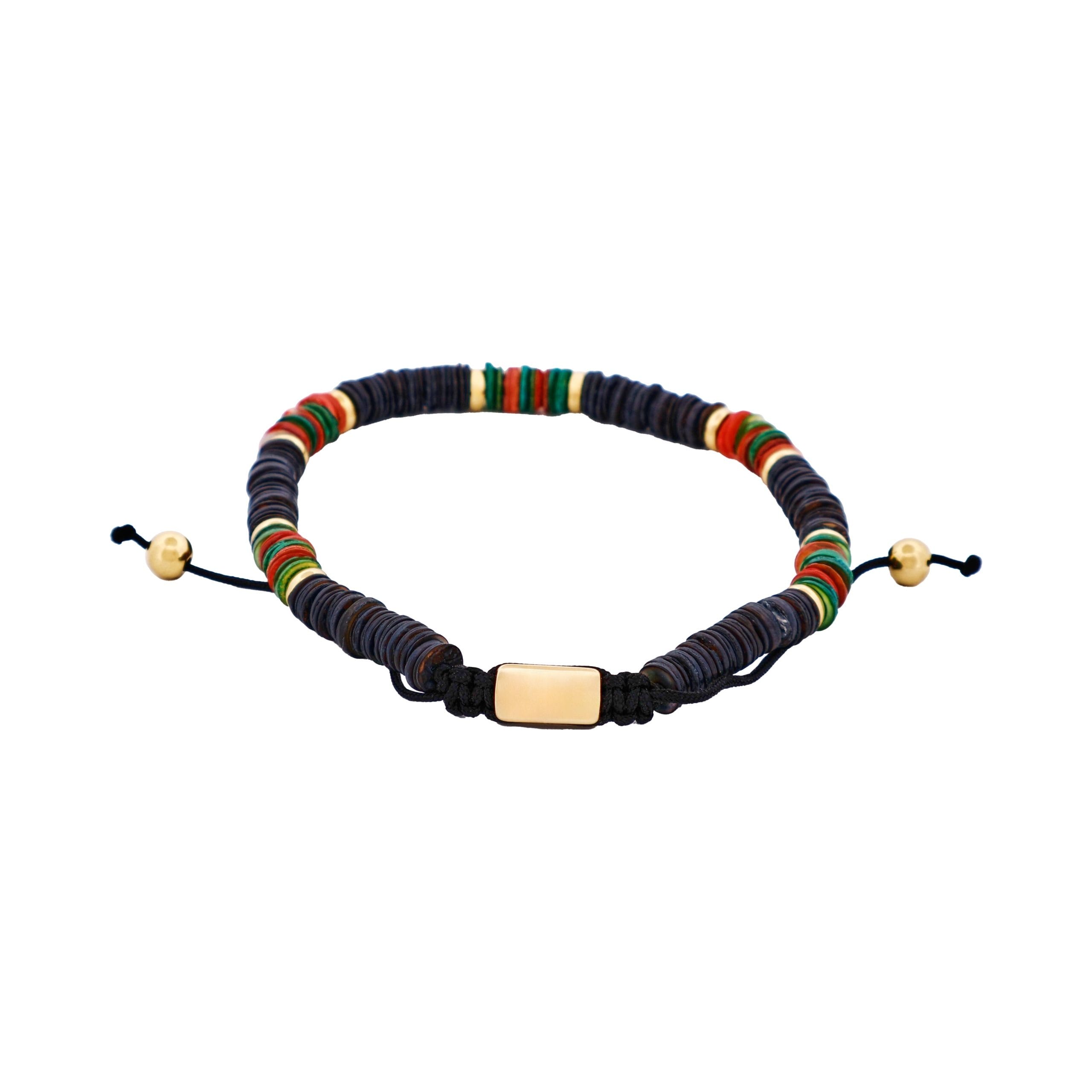 Savage - Multi Coloured Shell DiscsIon Plated Gold Stainless Steel Bead Macrame Bracelet