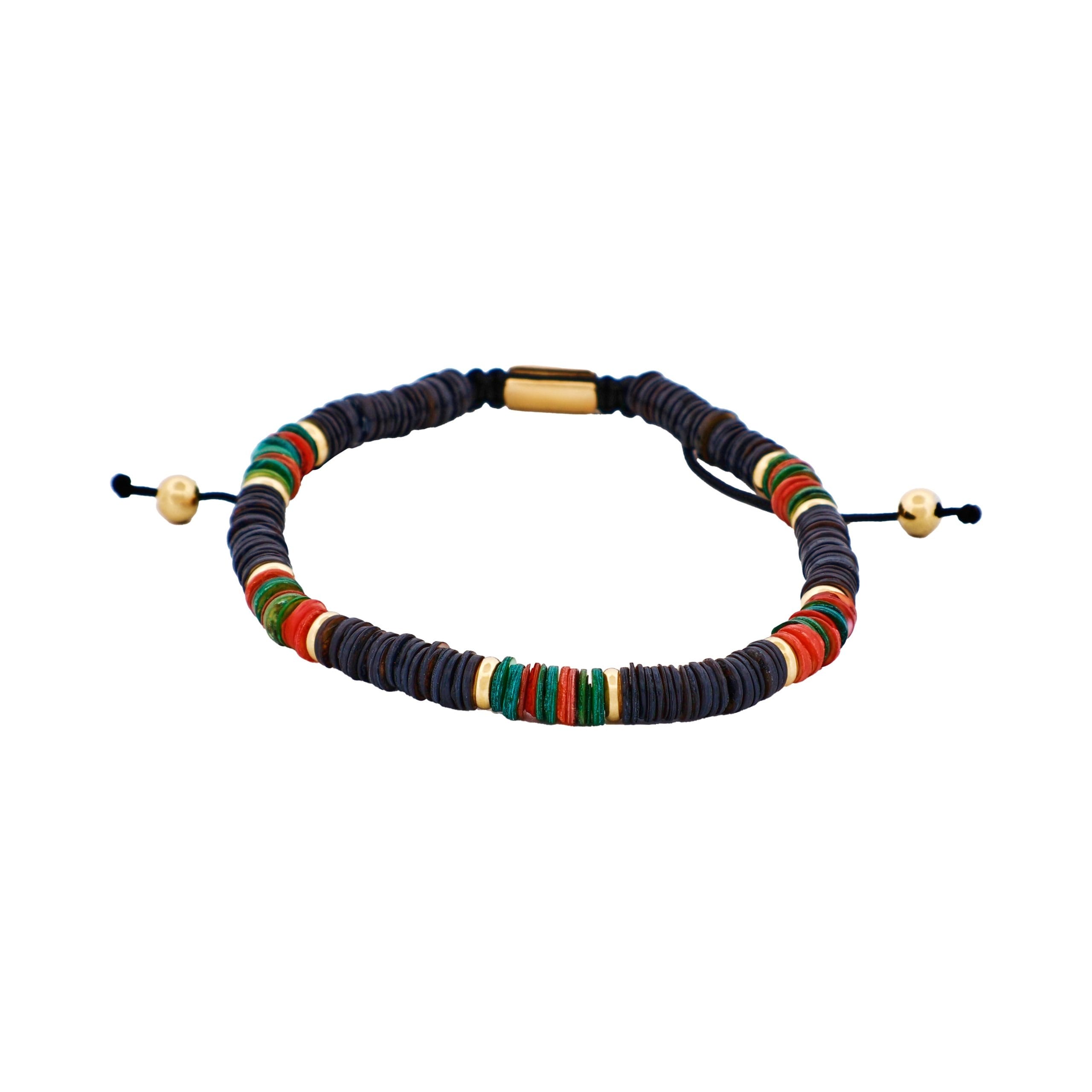 Savage - Multi Coloured Shell DiscsIon Plated Gold Stainless Steel Bead Macrame Bracelet