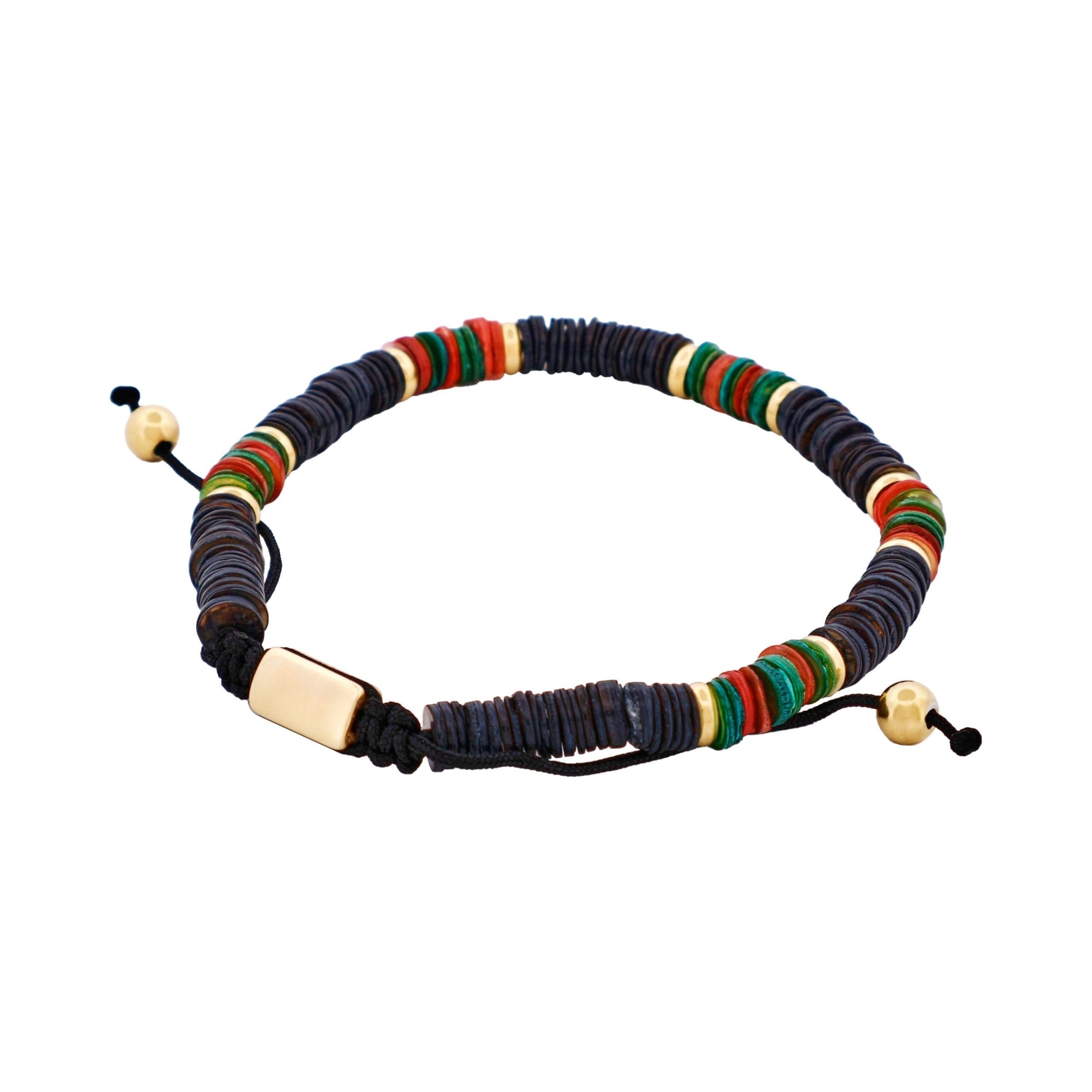 Savage - Multi Coloured Shell DiscsIon Plated Gold Stainless Steel Bead Macrame Bracelet