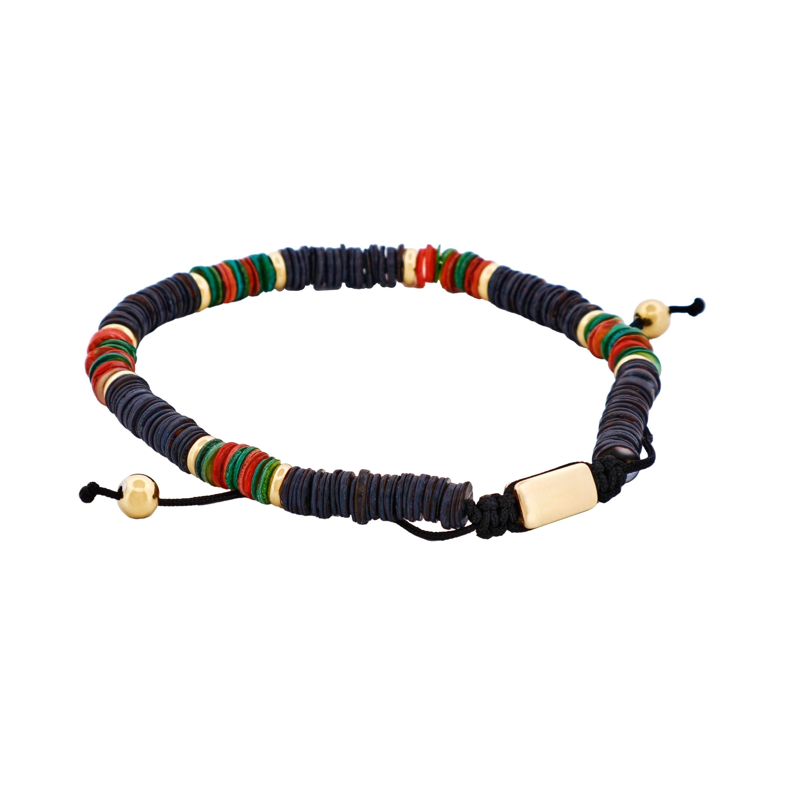 Savage - Multi Coloured Shell DiscsIon Plated Gold Stainless Steel Bead Macrame Bracelet