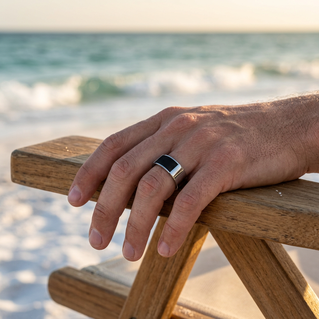 Stainless Steel and Ion Plated Black Mesh Pattern Ring
