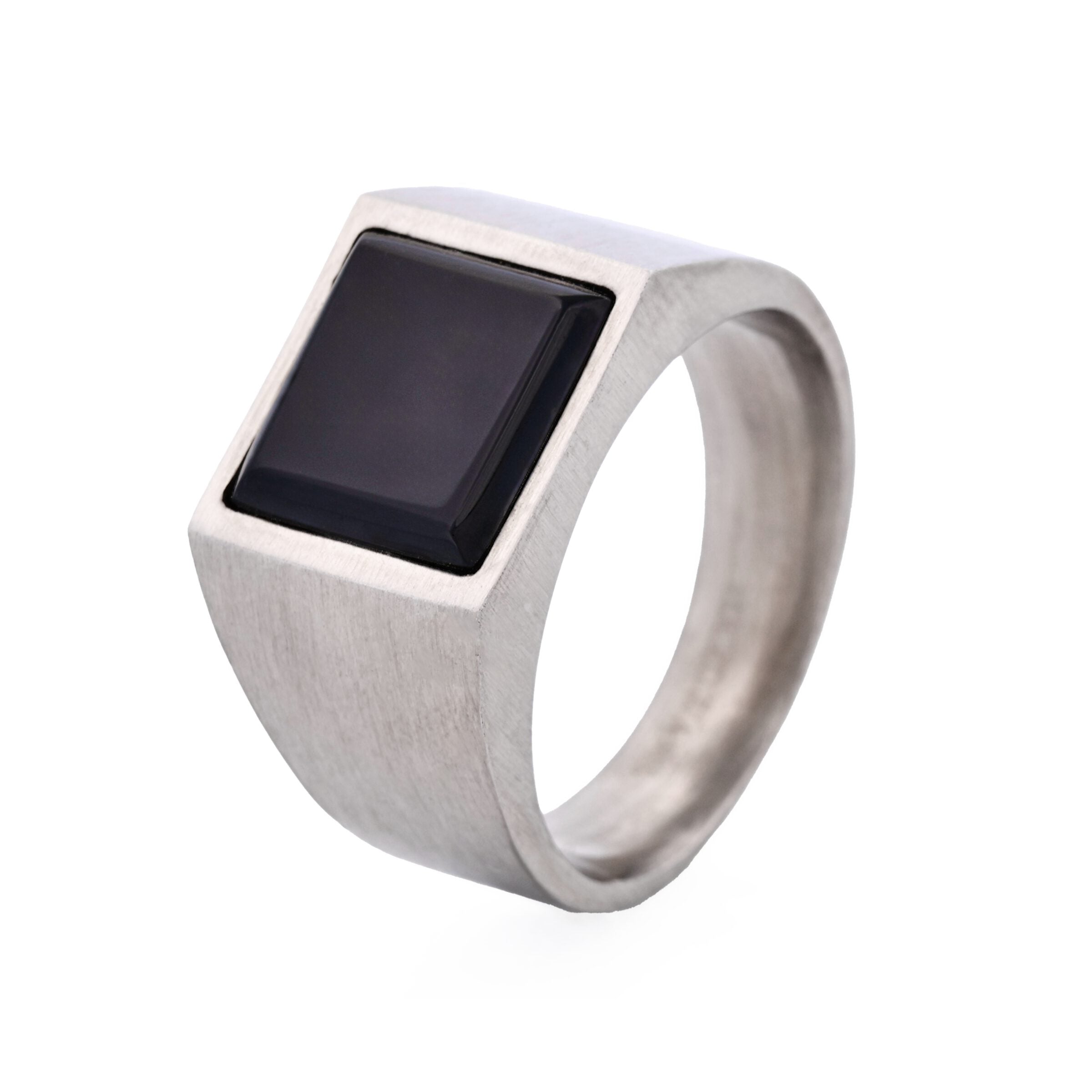 Brushed Stainless Steel and Black Agate Signet Ring