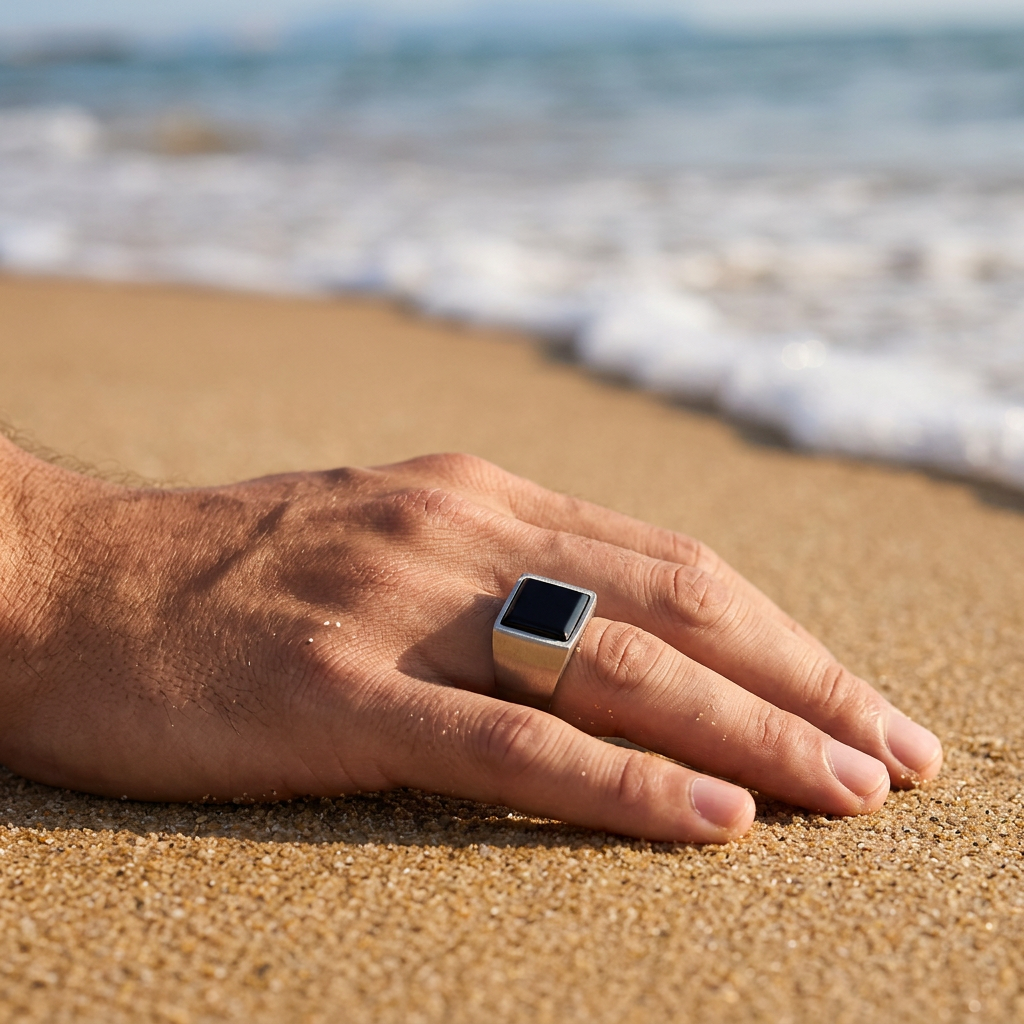 Brushed Stainless Steel and Black Agate Signet Ring