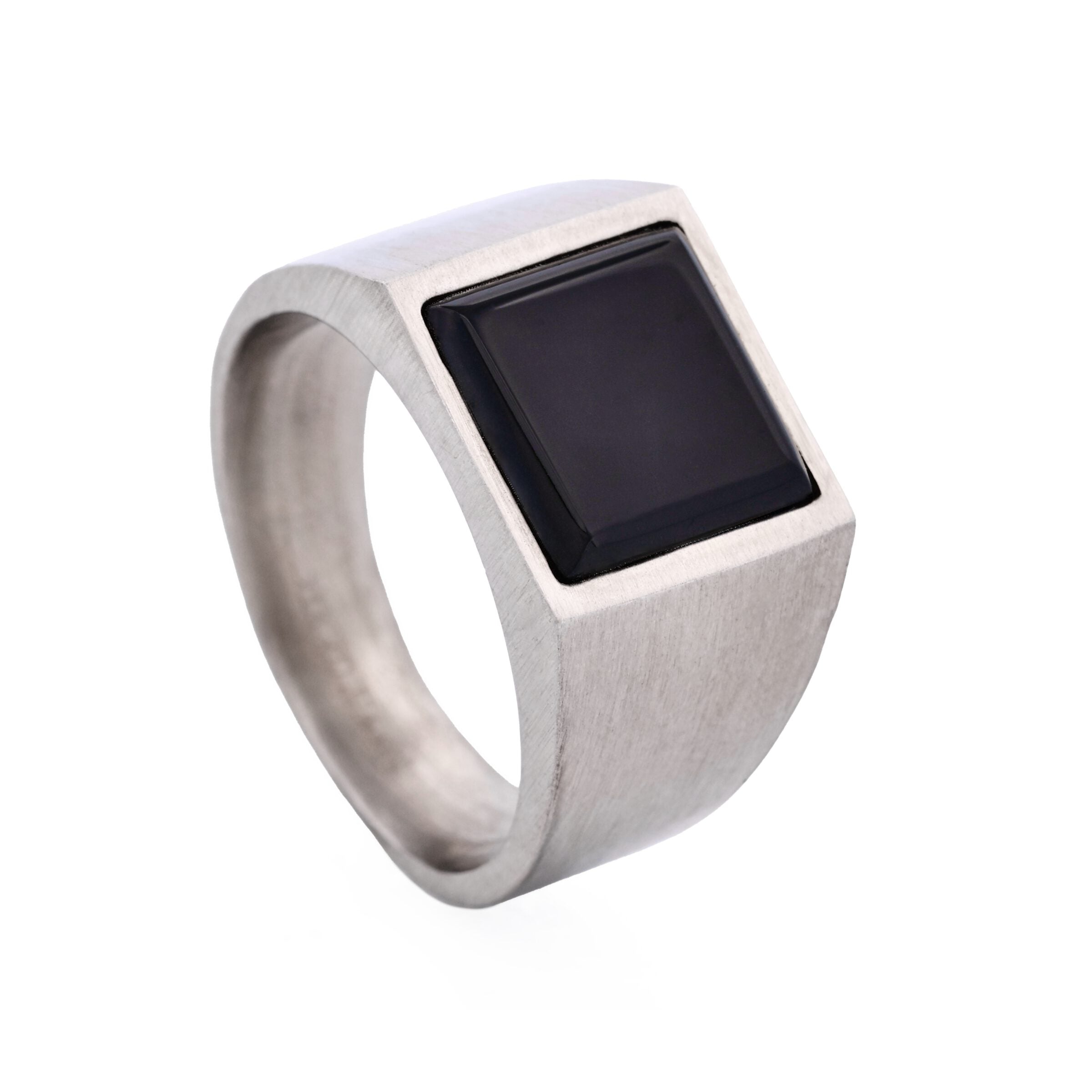 Brushed Stainless Steel and Black Agate Signet Ring