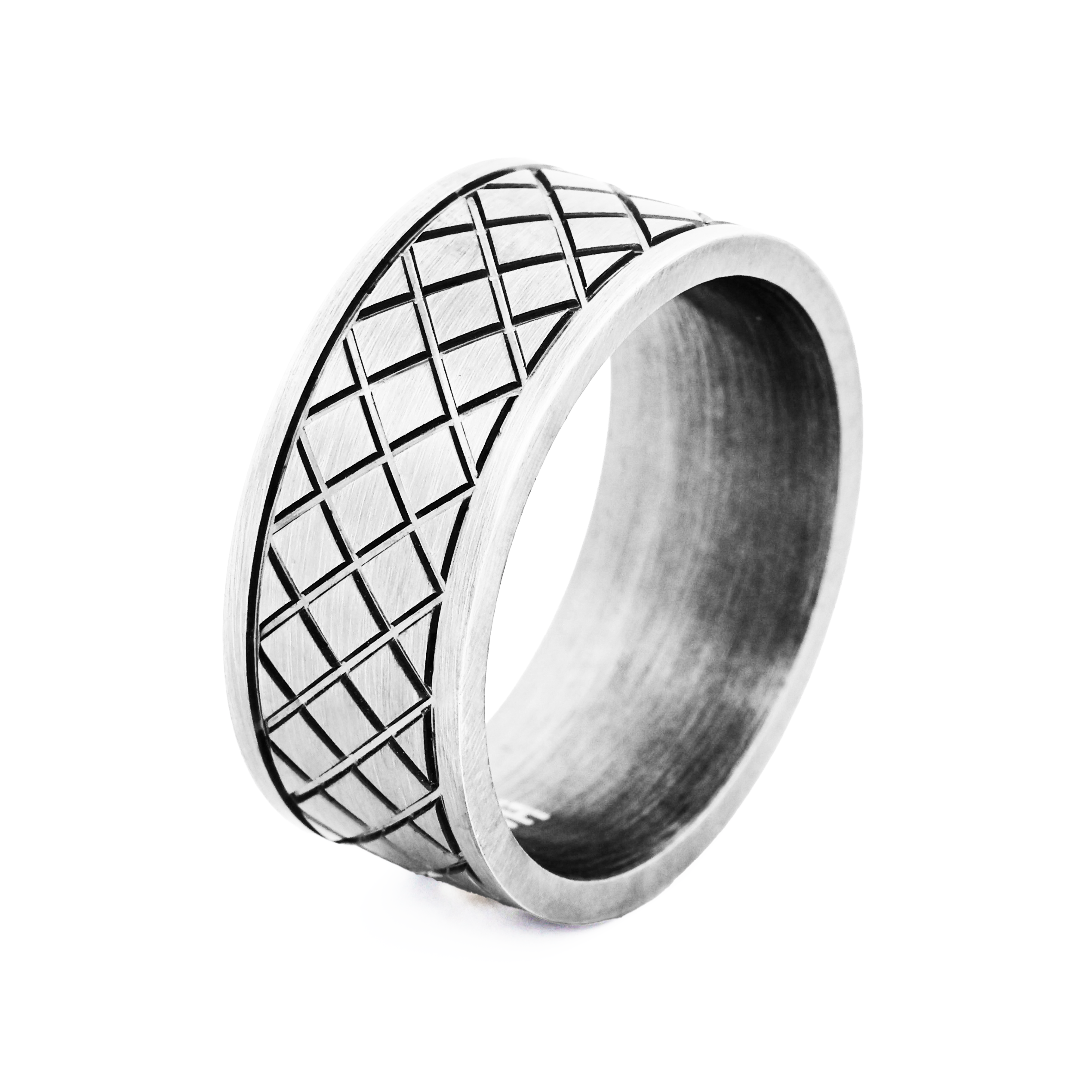 Ion Plated Antique Gunmetal Cross Pattern Stainless Steel Ring